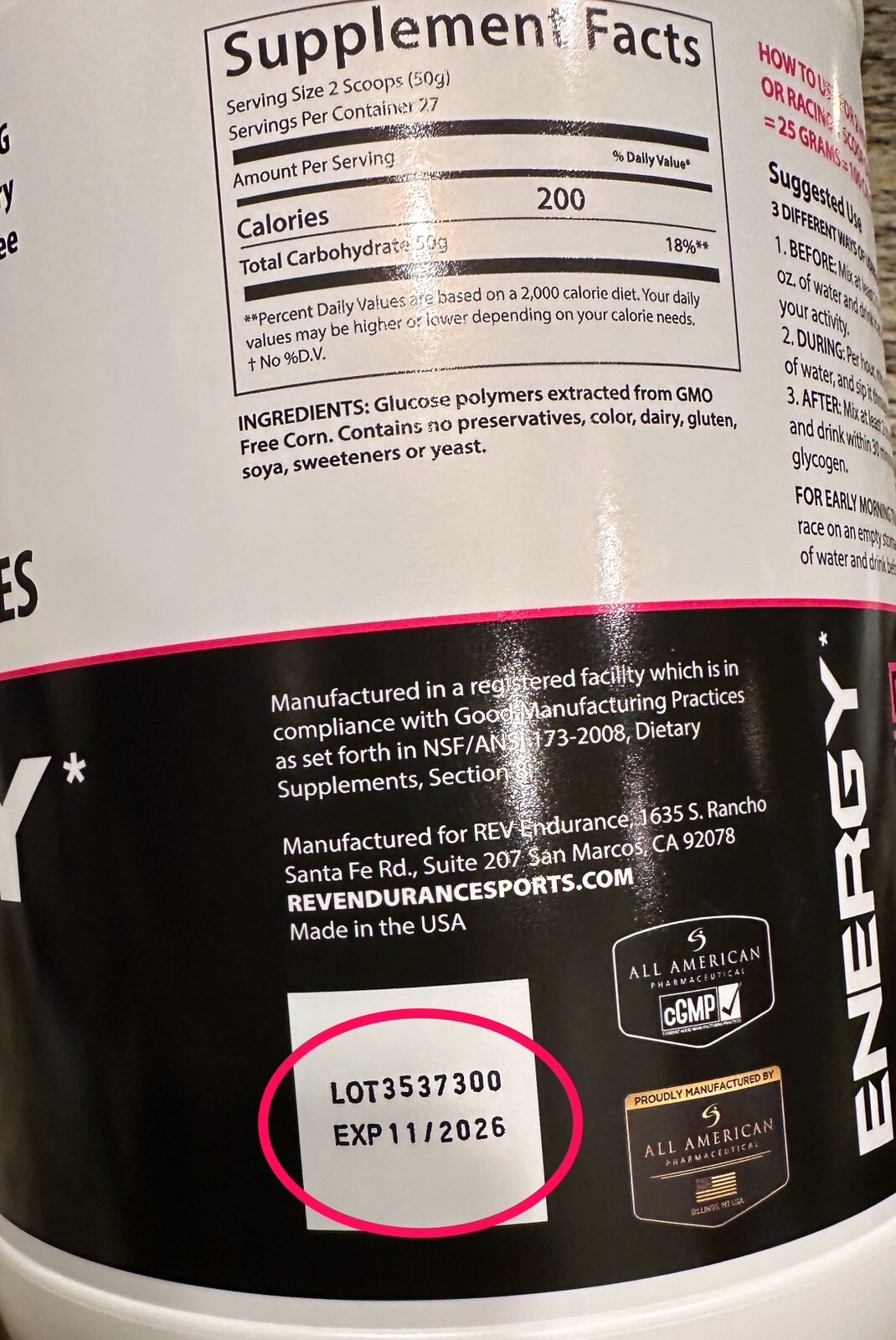 REV Energy Carbohydrate Fuel – endurance sports nutrition – compare to Carbo Pro