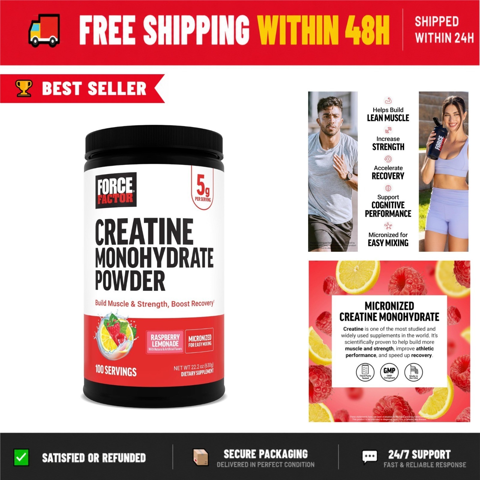 Force Factor Creatine Monohydrate Powder 5g – Raspberry Lemonade, 100 Servings