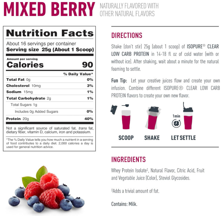 Isopure Clear Whey Isolate Protein Powder, Mixed Berry, 16 Servings