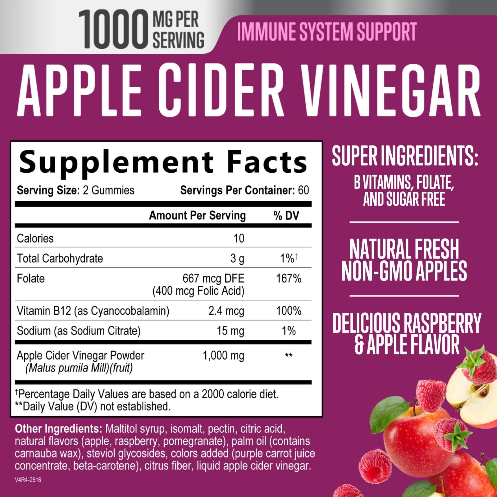 Apple Cider Vinegar Gummies 1000mg per Serving – Sugar 120 Count (Pack of 1)