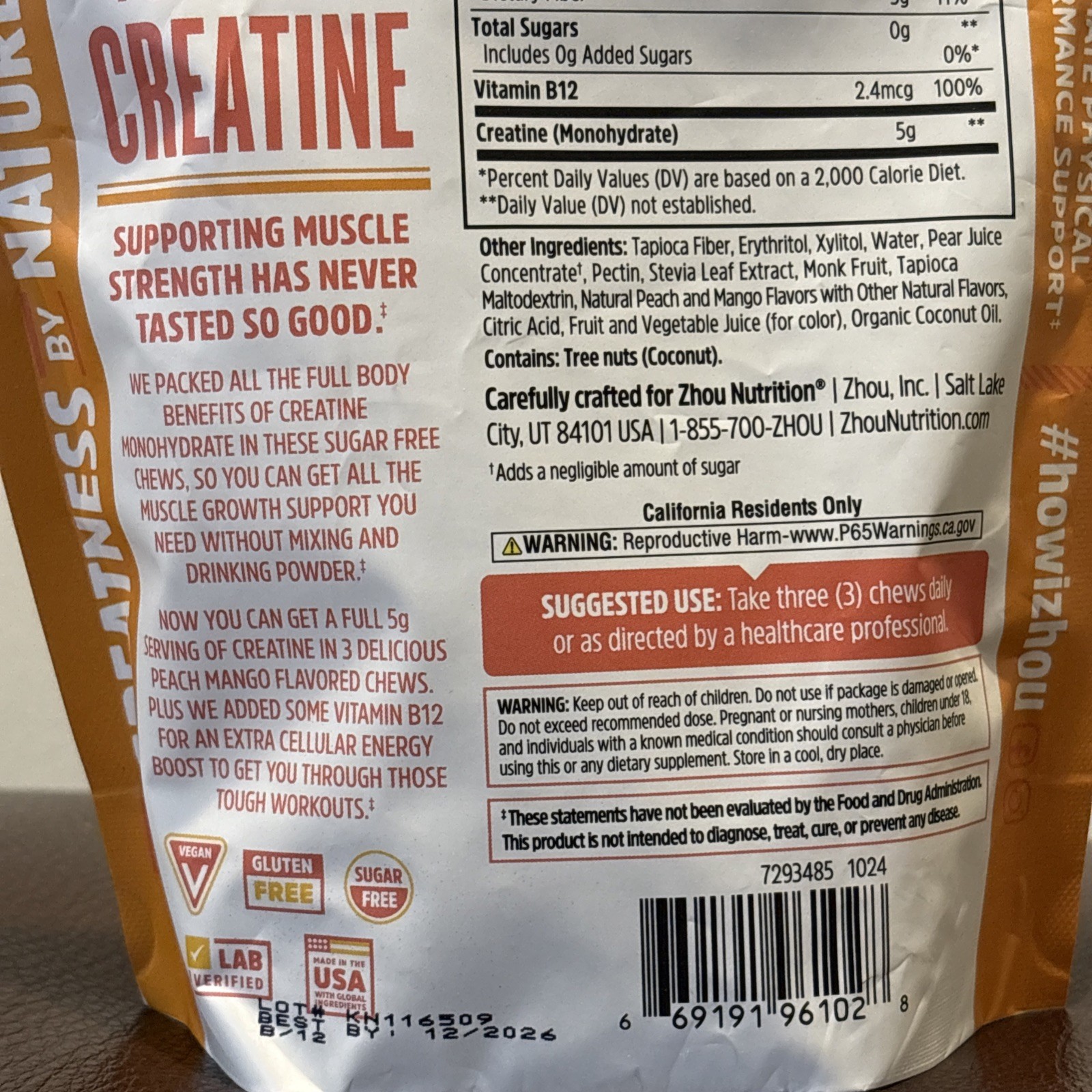 Zhou, Creatine Chews, Muscle Growth Support, Peach Mango, 60 Chews, EXP 12/2026