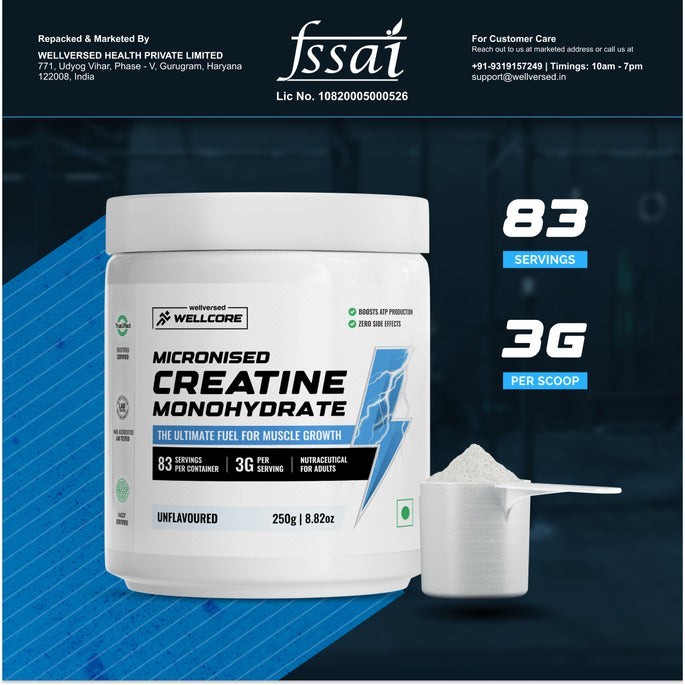 Wellcore – Micronised Creatine Monohydrate (250g, 83 Servings)