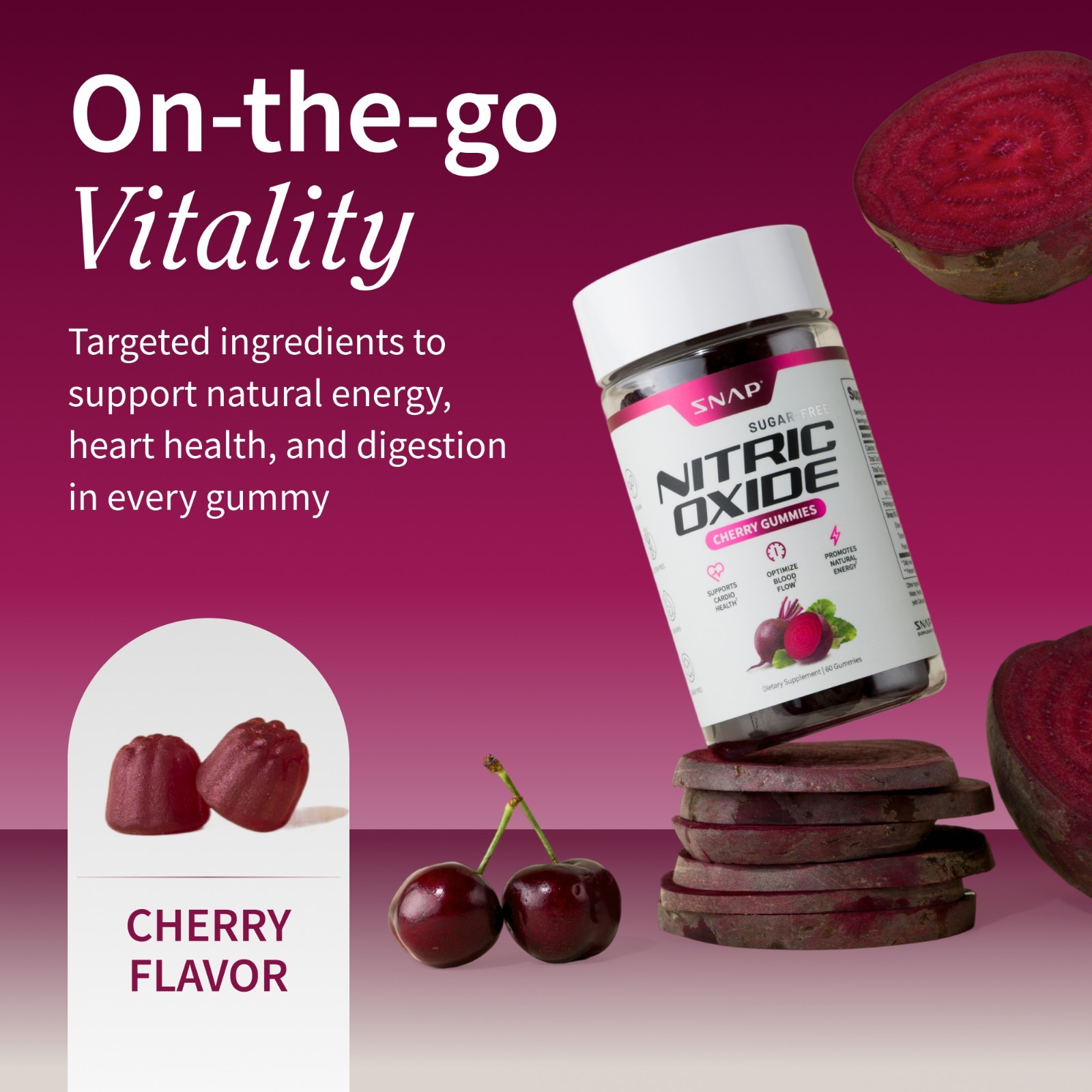Snap Supplements Nitric Oxide Beet Root Gummies SF, Cherry & Peach, Heart Health