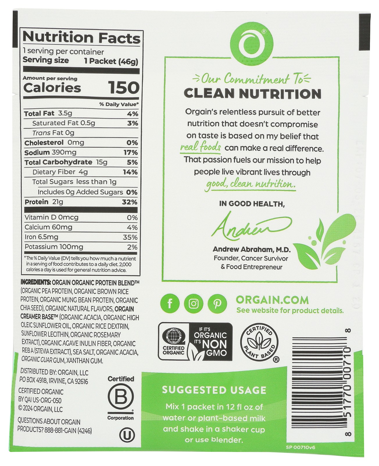 Organic Plant Based Protein Powder Vanilla Bean By Orgain Single Serve 10 Pack