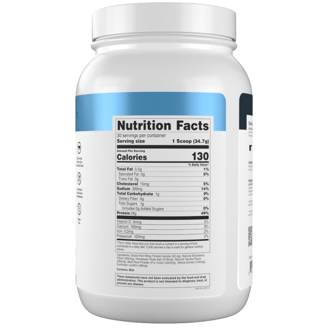 Whey Protein Isolate Powder 28g Grass Fed Natural Strawberry 30 Servings Labs