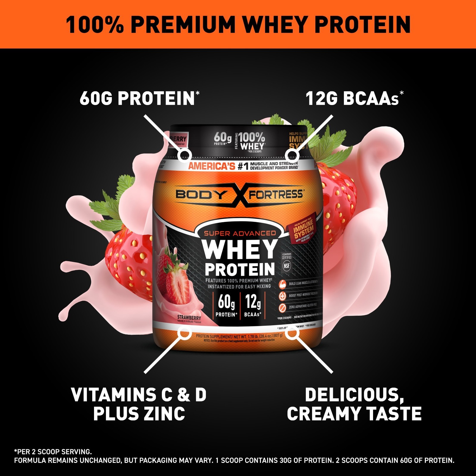 Body Fortress Super Advanced 100% Premium Whey Protein Powder, Strawberry,Single
