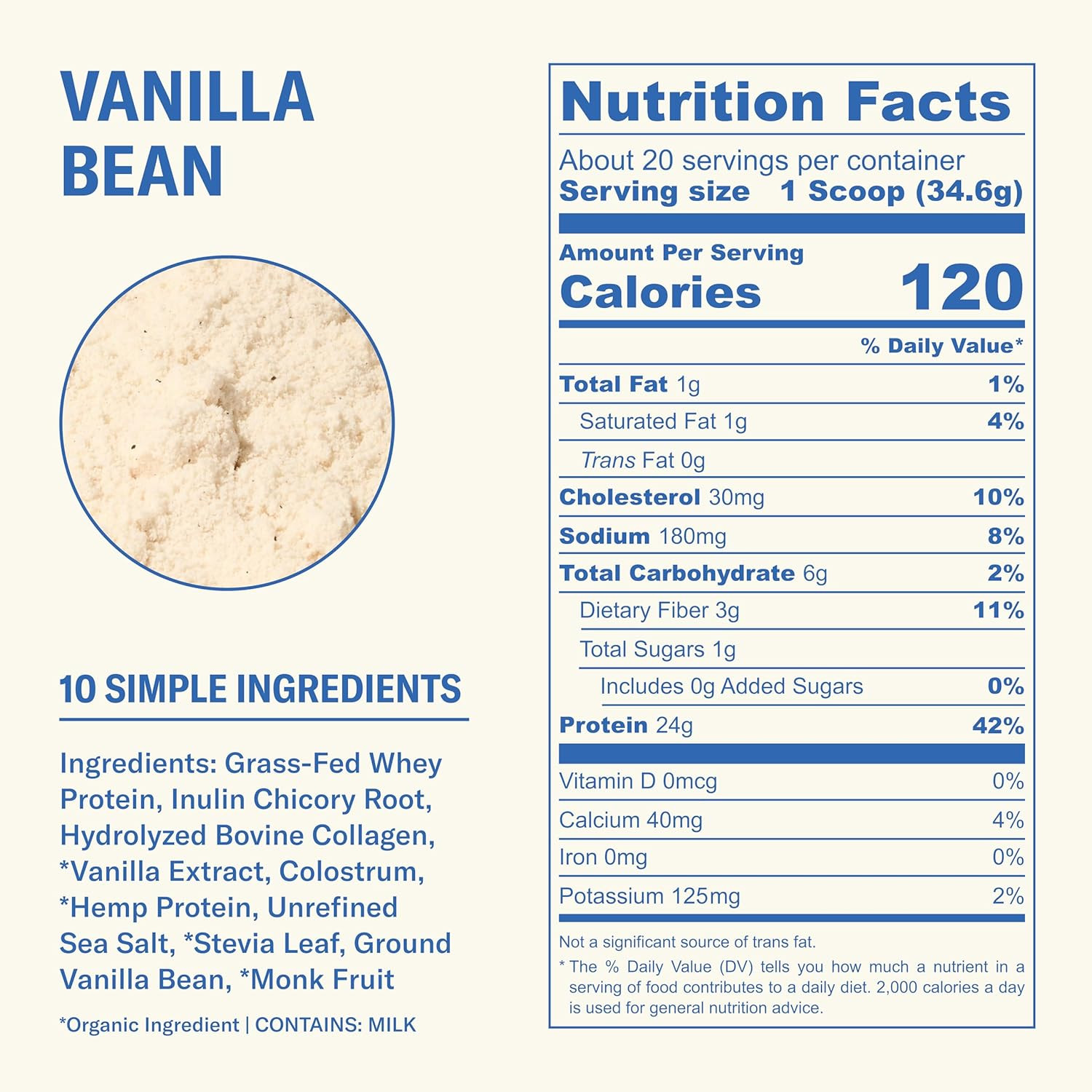 Grass Fed Whey Protein Powder, Vanilla Bean, 24G Protein with Collagen Peptides,