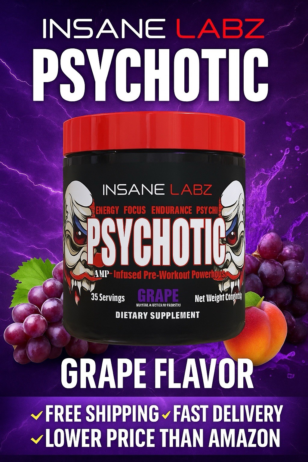 INSANE LABZ PSYCH-O-TIC GRAPE *FREE SHIPPING!* Energy Focus Endurance 35 Serv.