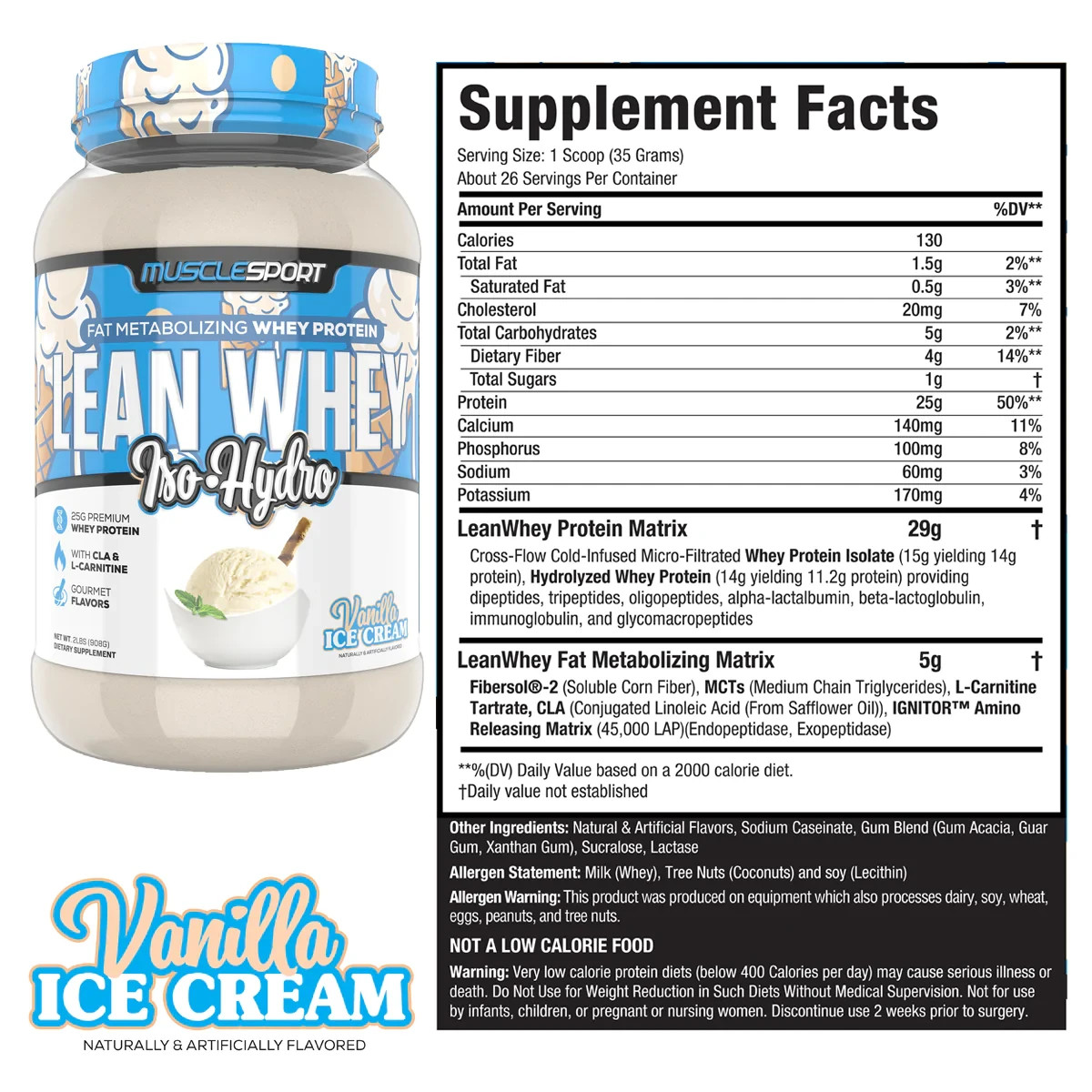 Lean Whey, Iso-Hydro, VANILLA Ice Cream, 2 lbs (908 g)