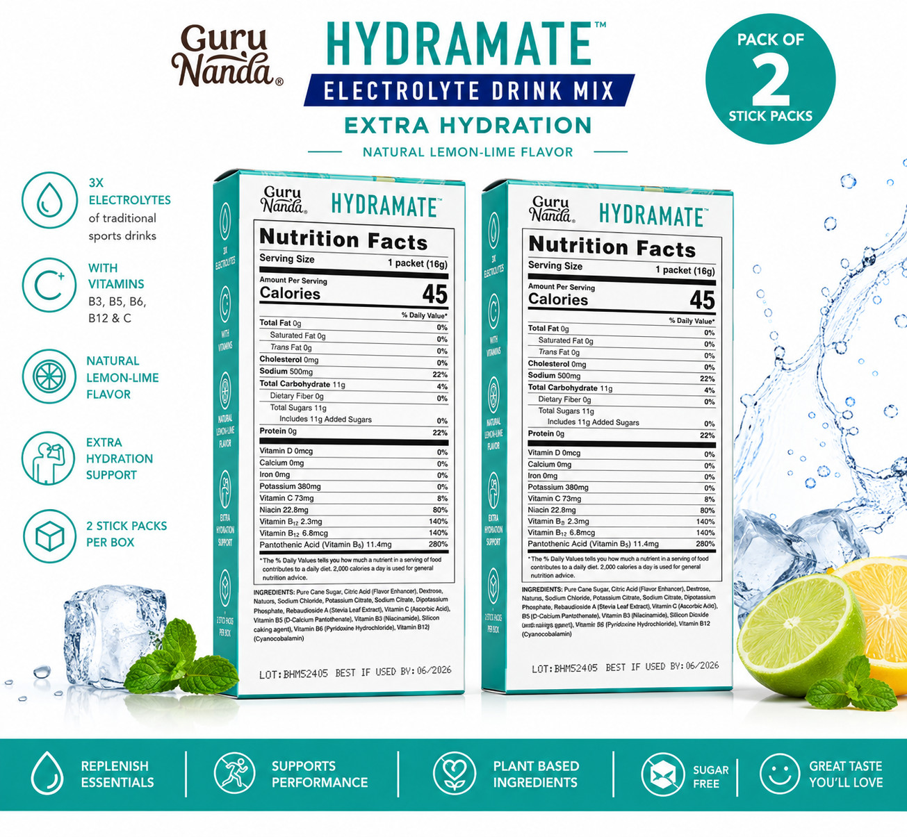 Guru Nanda Hydramate Electrolyte Drink Mix- Natural Lemon-Lime Flavor (2 Boxes)