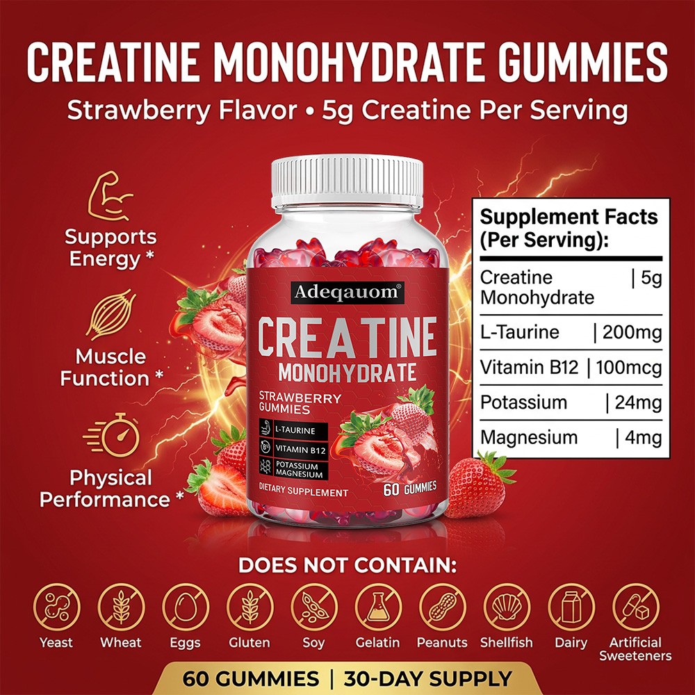 Strawberry Flavor Creatine Monohydrate Gummies, 30-Day Supply, 60 Gummies