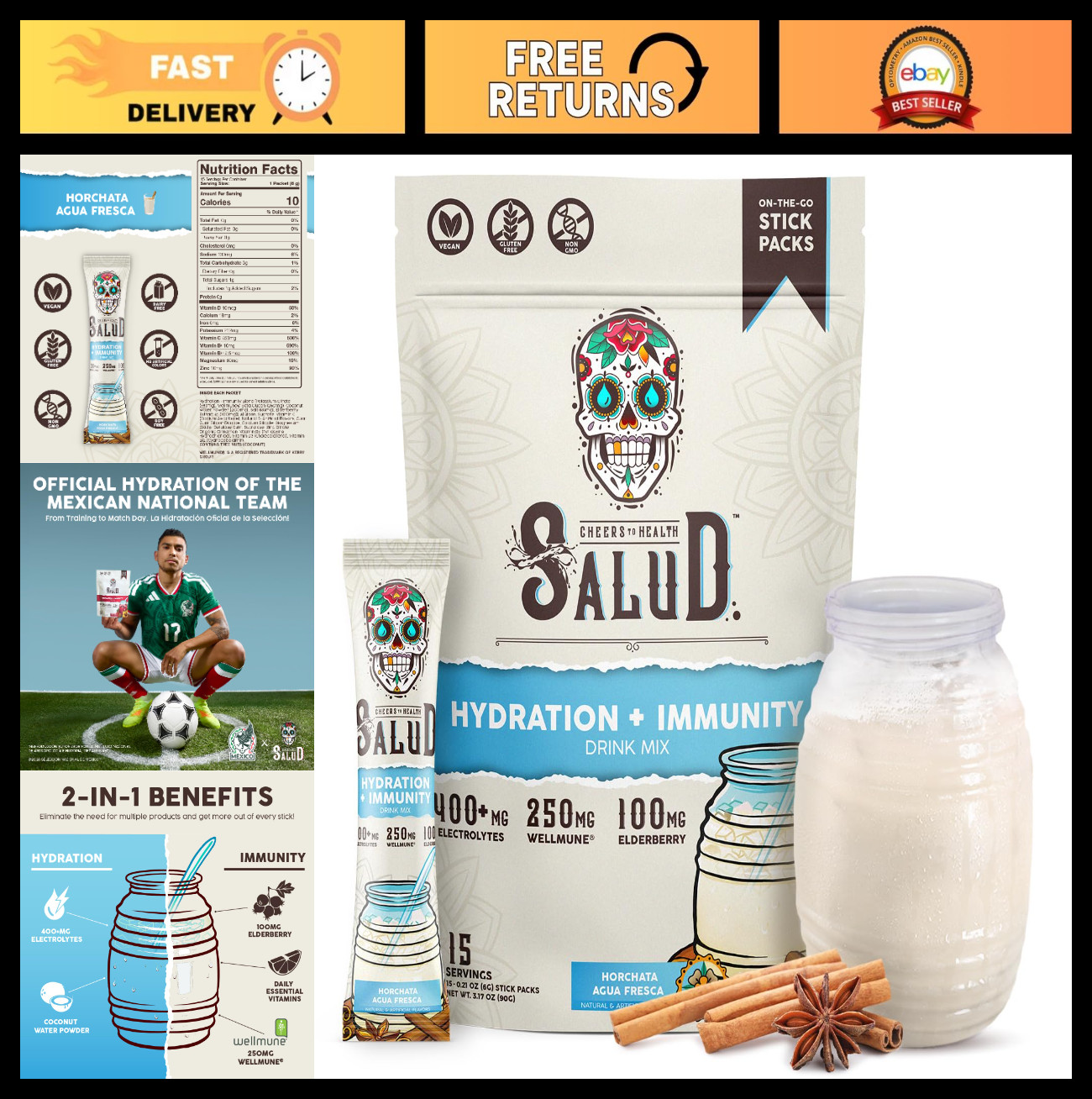 2-in-1 Hydration Packets & Immunity Electrolytes Powder, Horchata Drink Mix, Veg
