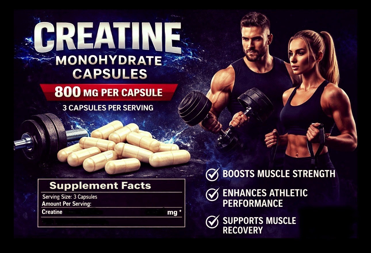 Premium unflavored Creatine Monohydrate – 200 Capsules (800mg Per Capsule)