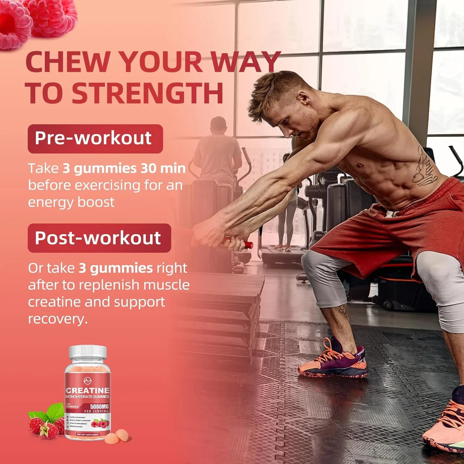 2 x Creatine Monohydrate Gummies 200000mg w/Taurine 500mg L-Glutamine,Berry-240