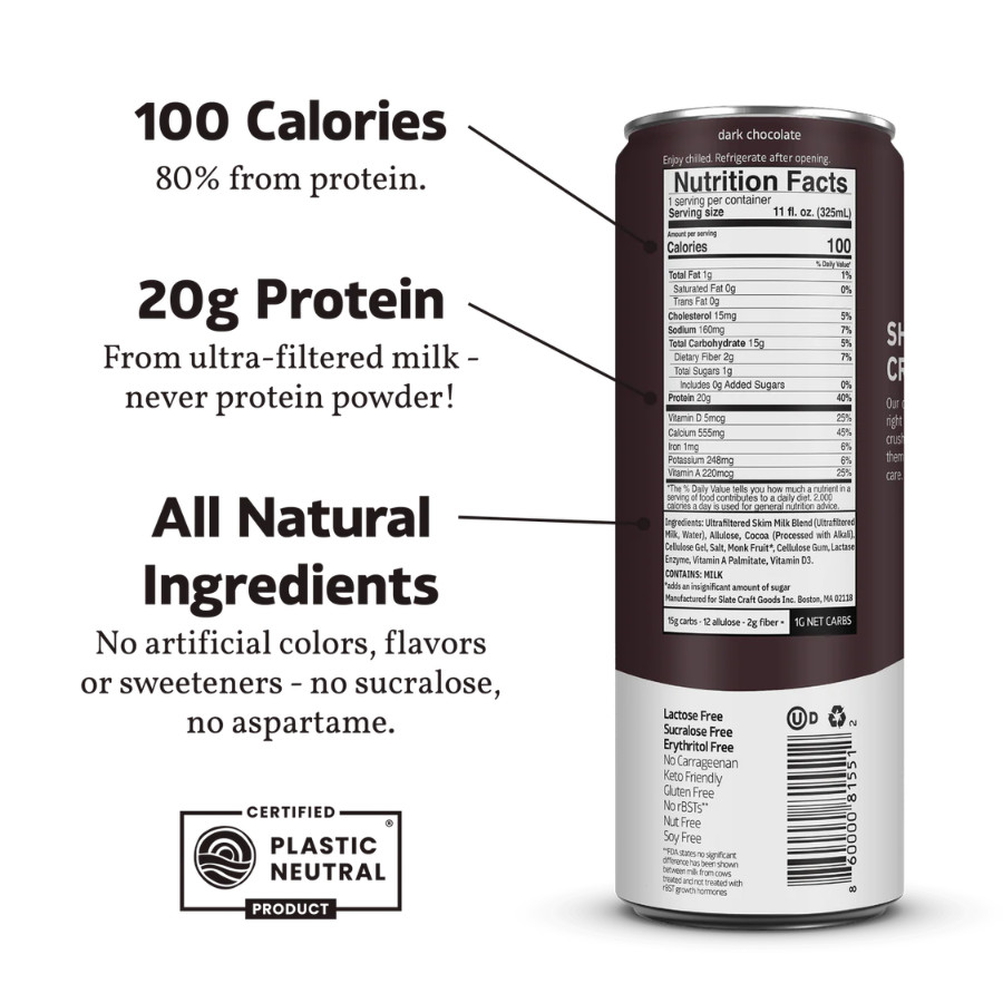 Slate 20G Protein Milk Shakes – Keto, Dark Chocolate Shake (11 fl oz), 12 Cans