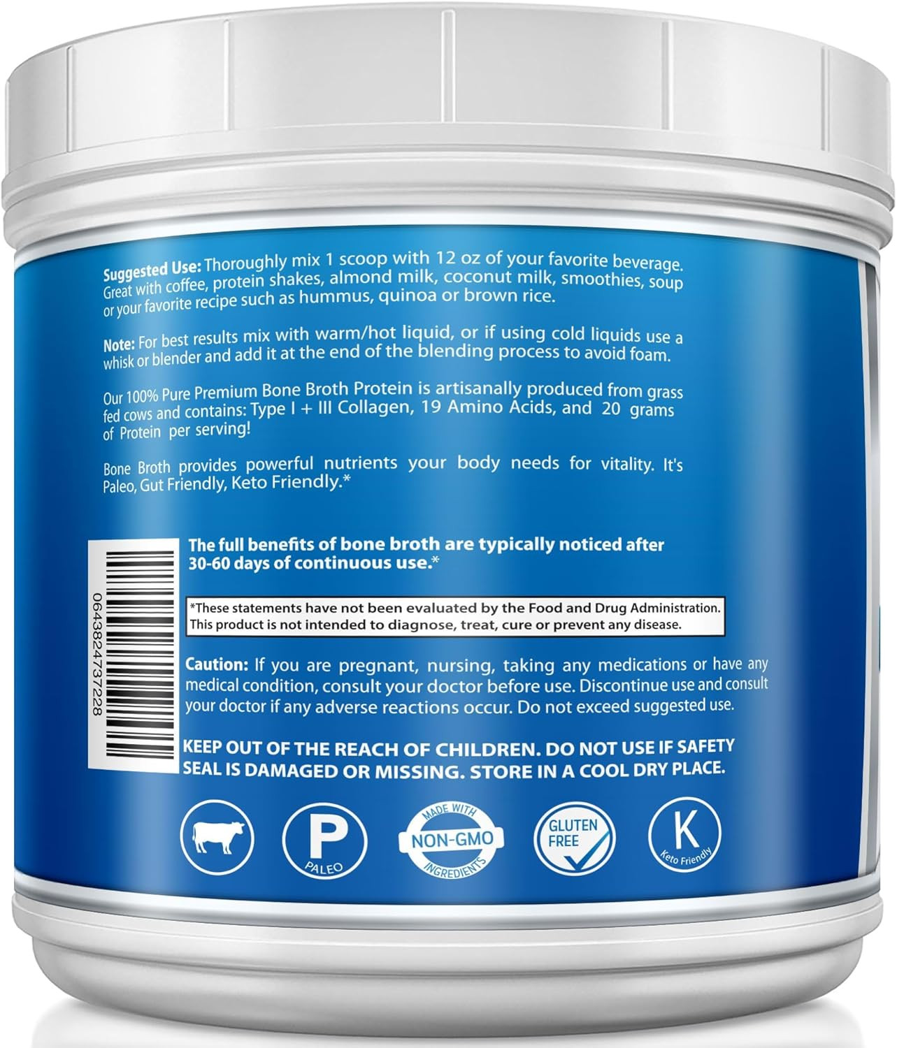 Bone Broth Beef Protein Powder – 1.25 Lb / 20 Oz, Unflavored – Made in USA – Hig