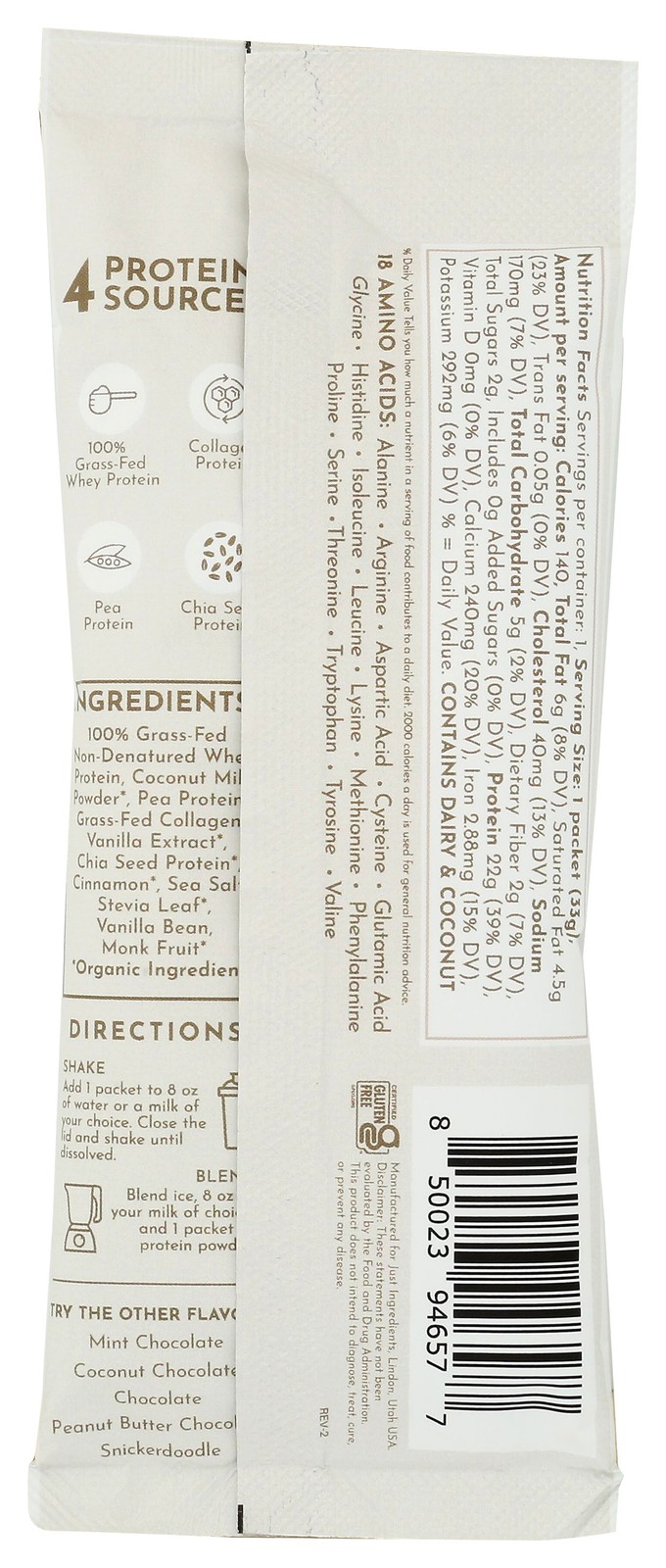 Vanilla Bean Protein Powder By Just Ingredients 22G 22 Grams 10 Pack
