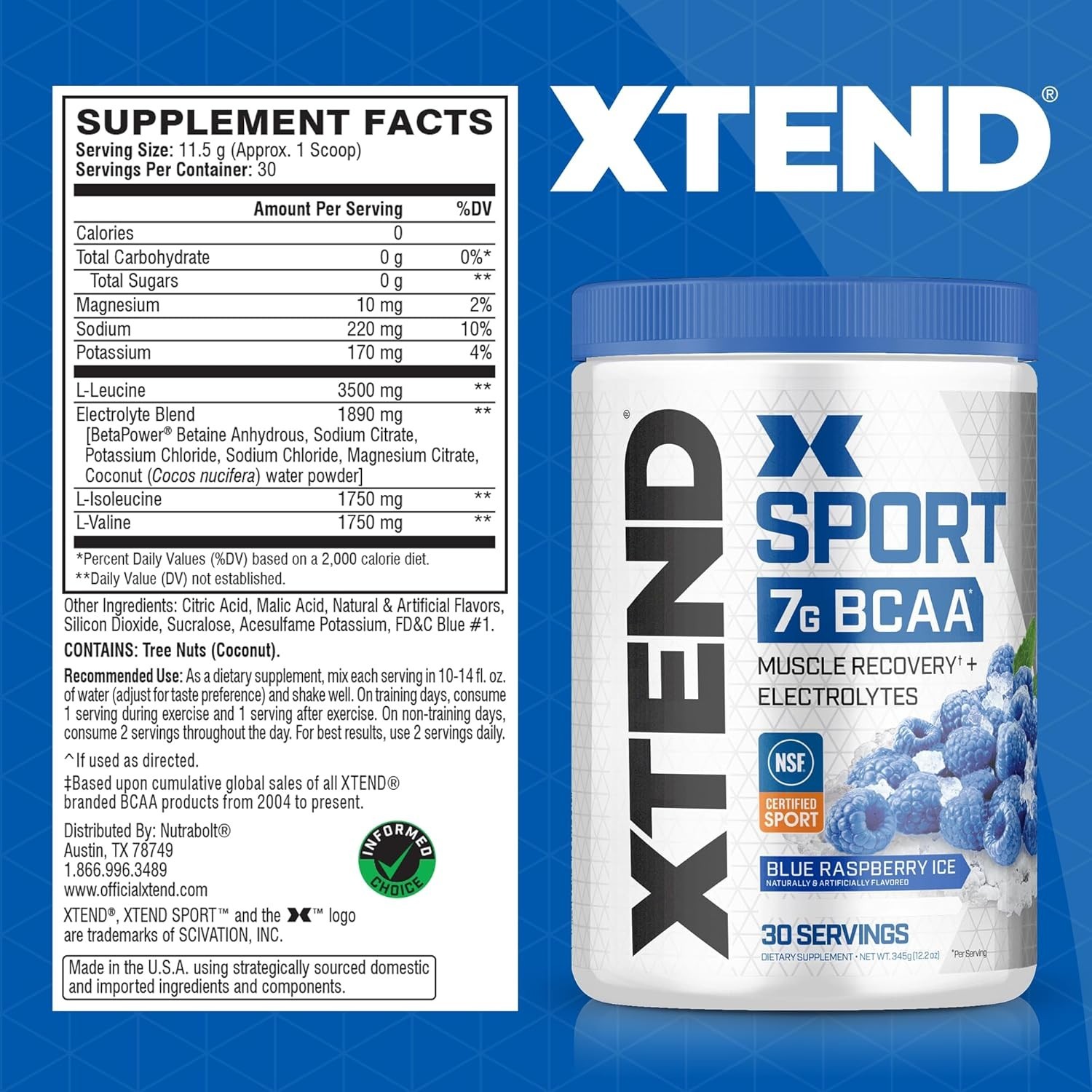 NSF Certified XTEND BCAA Powder – Blue Raspberry Ice Flavor for Muscle Growth