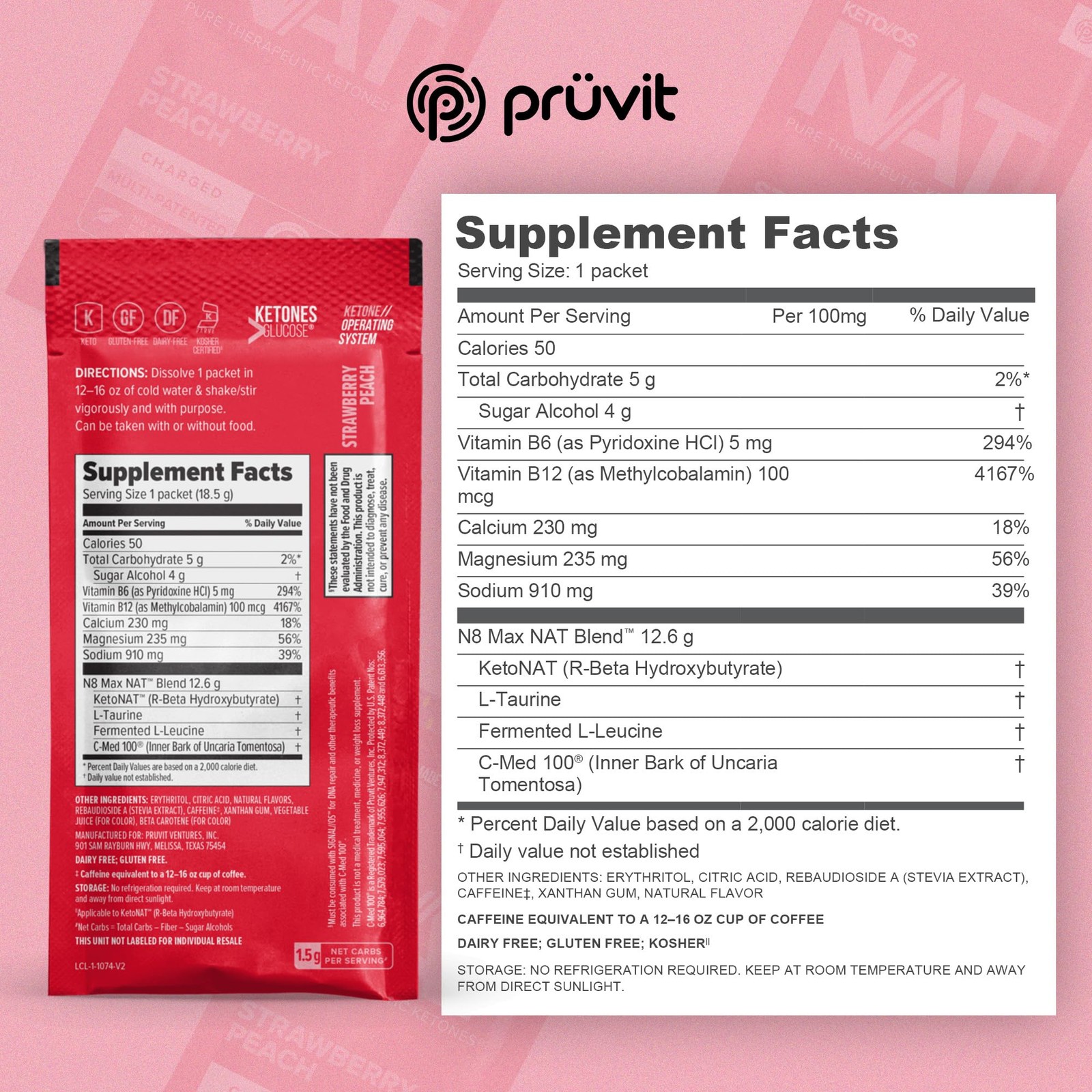 Pruvit Keto//OS NAT Strawberry Peach Charged Drink Mix with CMed 100, LTaur…