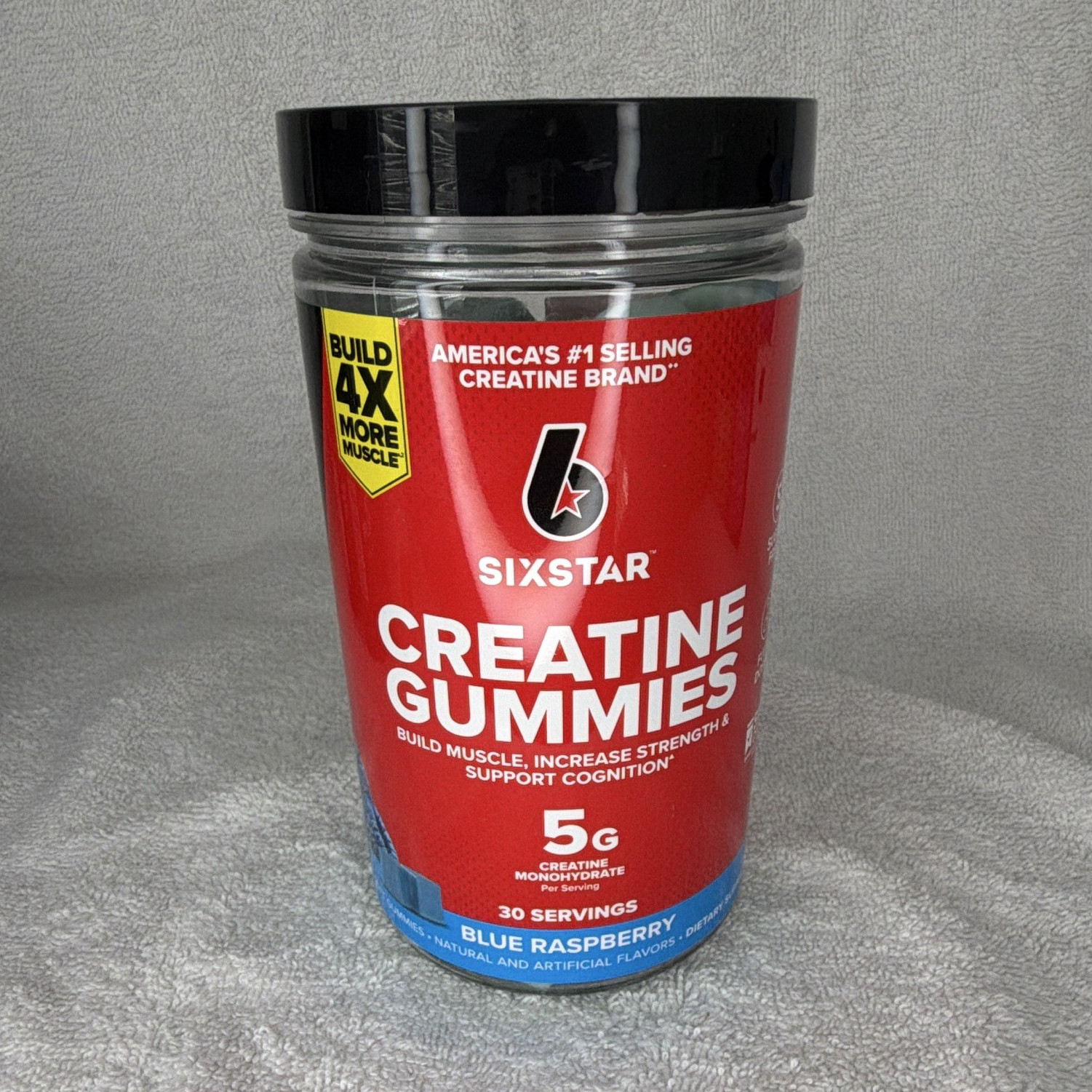 Six Star Creatine Monohydrate Gummies Blue Raspberry 5g Sugar-Free 90 Count