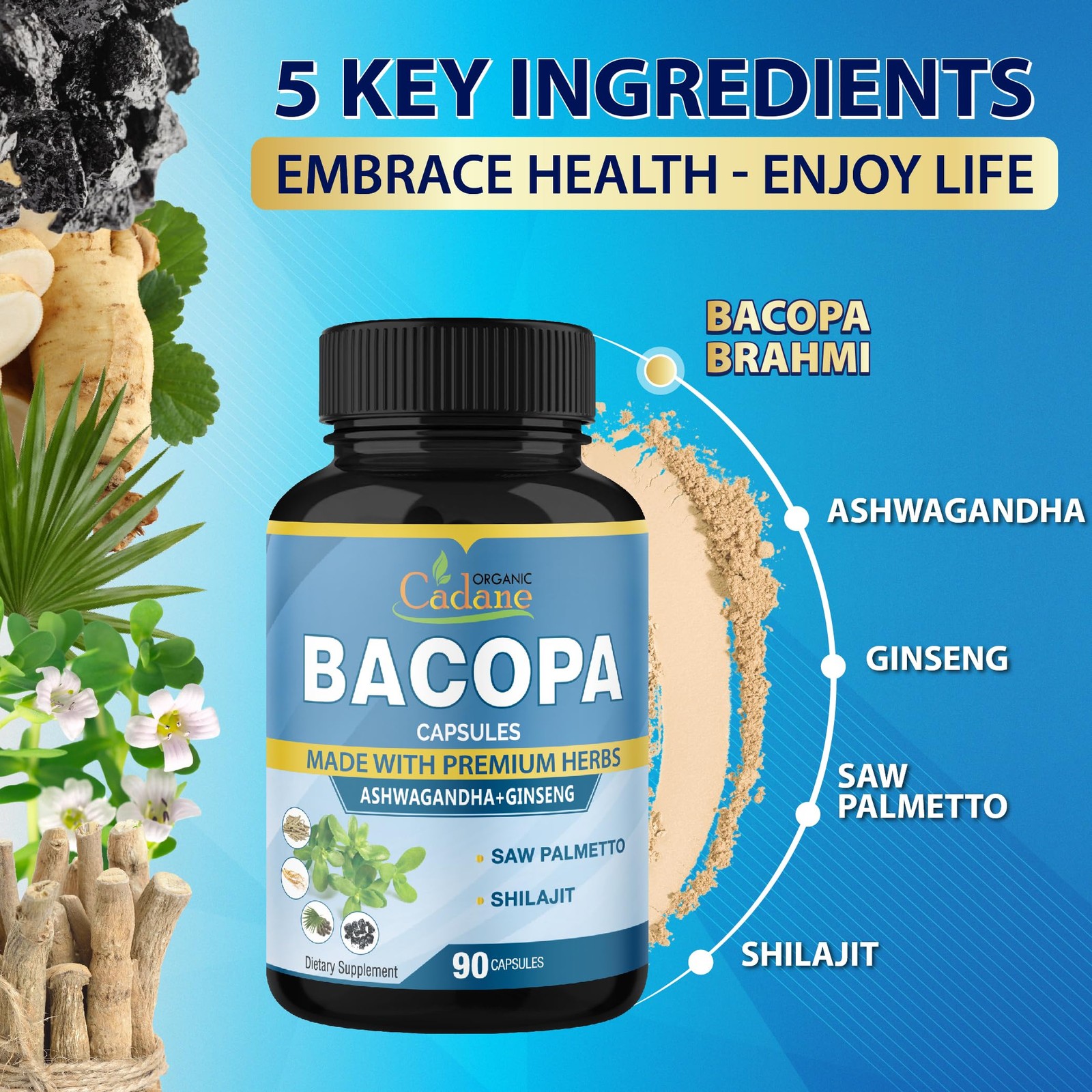 Organic Cadane Bacopa Monnieri Supplement – Blended with 90 Count (Pack of 1)