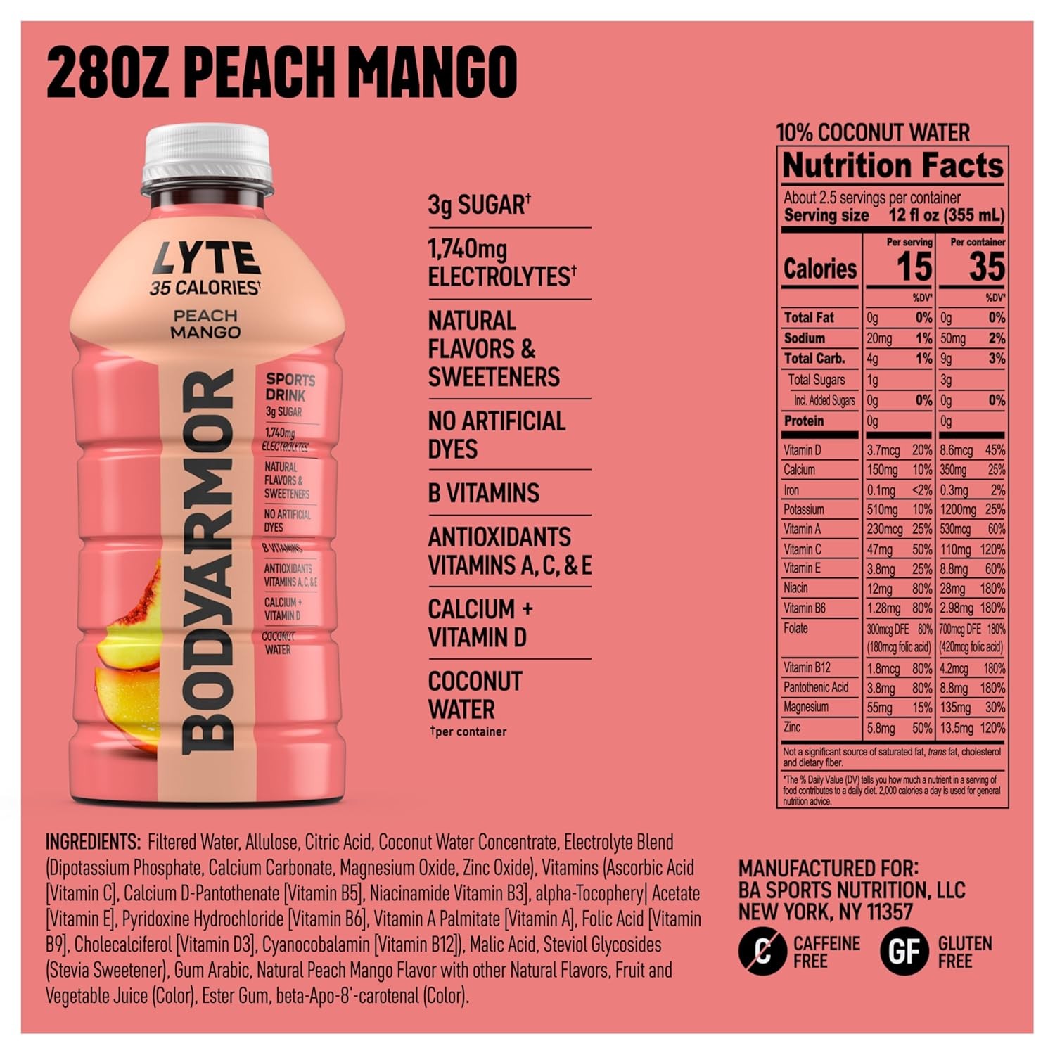 BODYARMOR LYTE Peach Mango Electrolyte Drink 28 oz Low Calorie Sports Drink