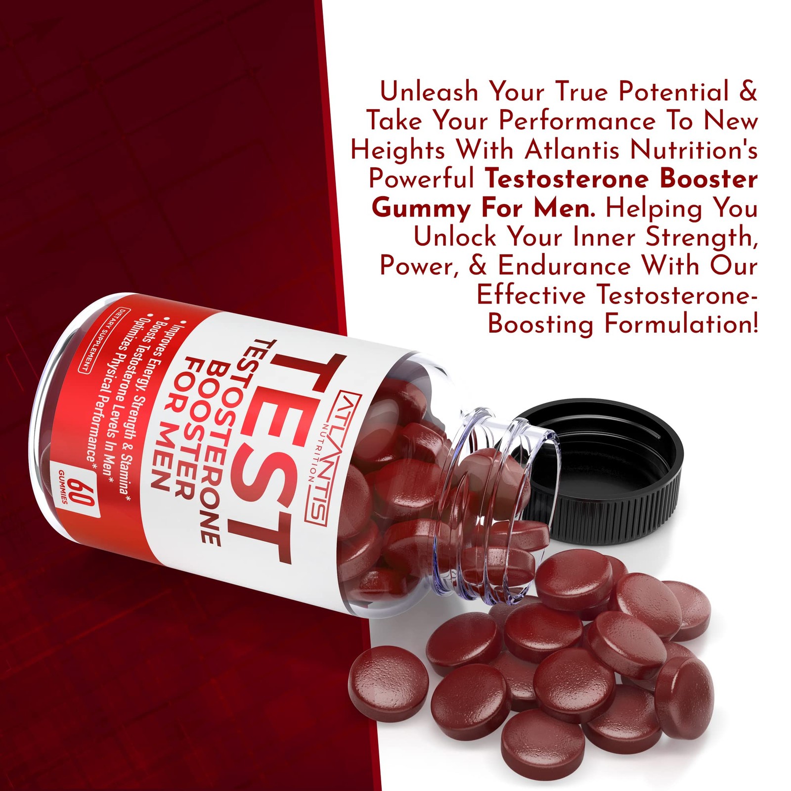 Atlantis Nutrition Testosterone Booster For Men Gummies 60 Count (Pack of 1)