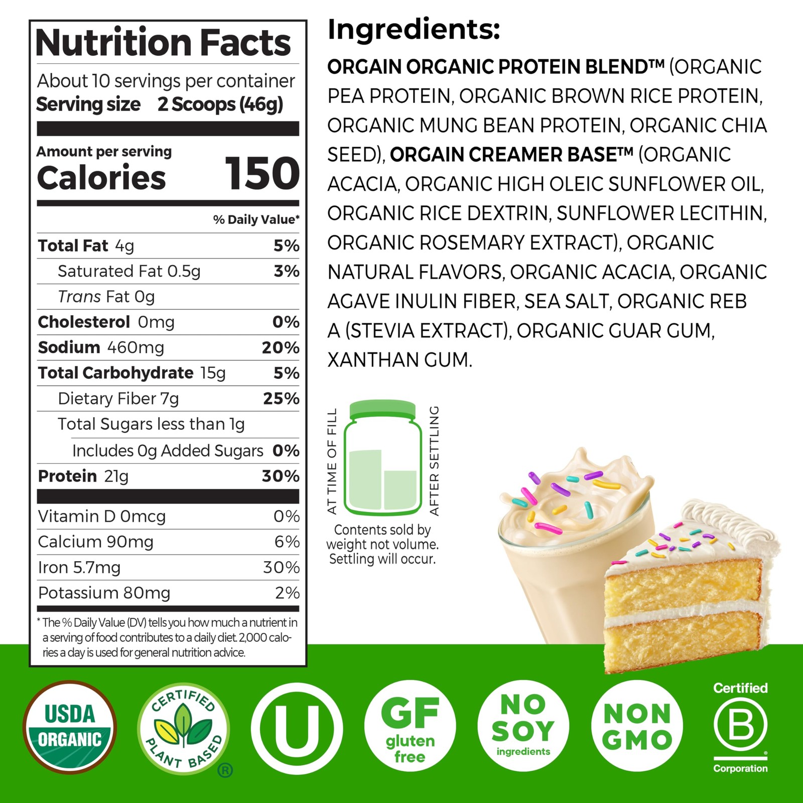 Orgain Organic Vegan Protein Powder Birthday Cake – 21G Plant Based Protein 7G