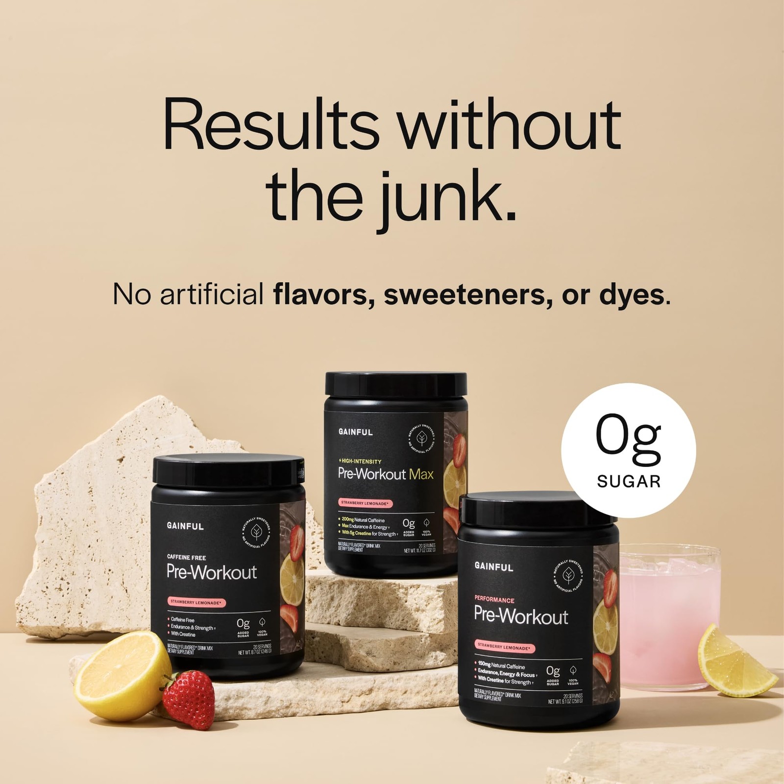Gainful Caffeine Free Pre Workout Powder with Creatine, Strawberry Lemonade Flav