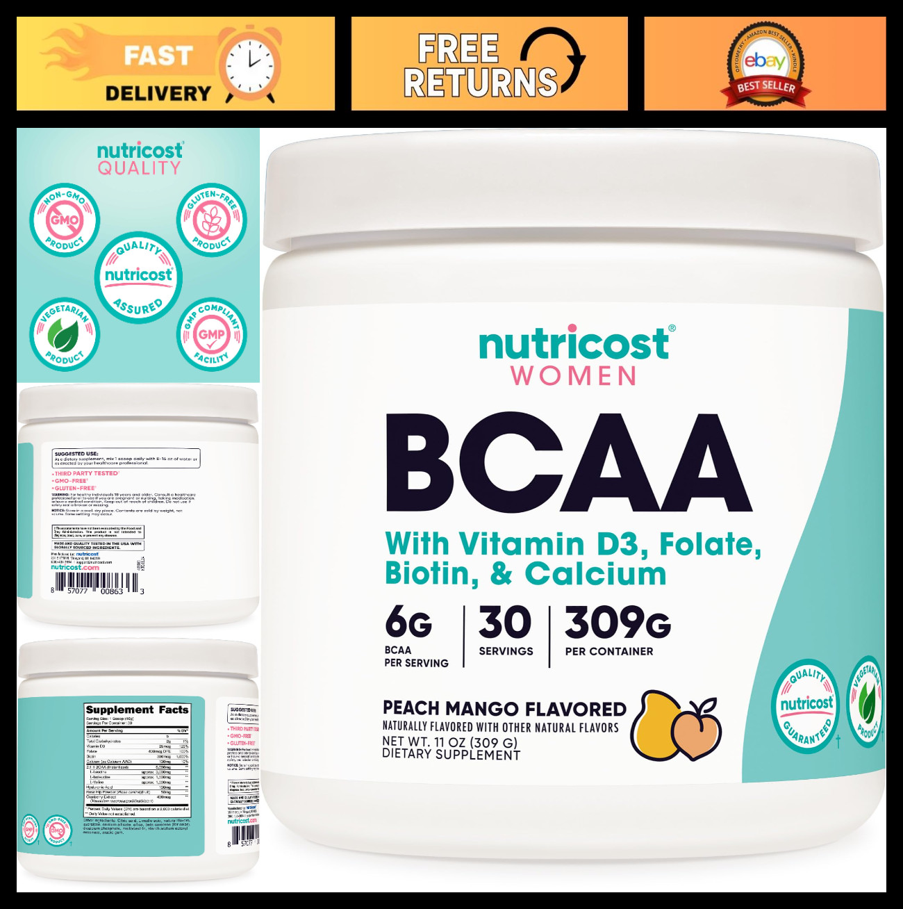 BCAA for Women – Peach Mango Flavor, 30 Servings, Gluten-Free, GMO-Free, Women’s