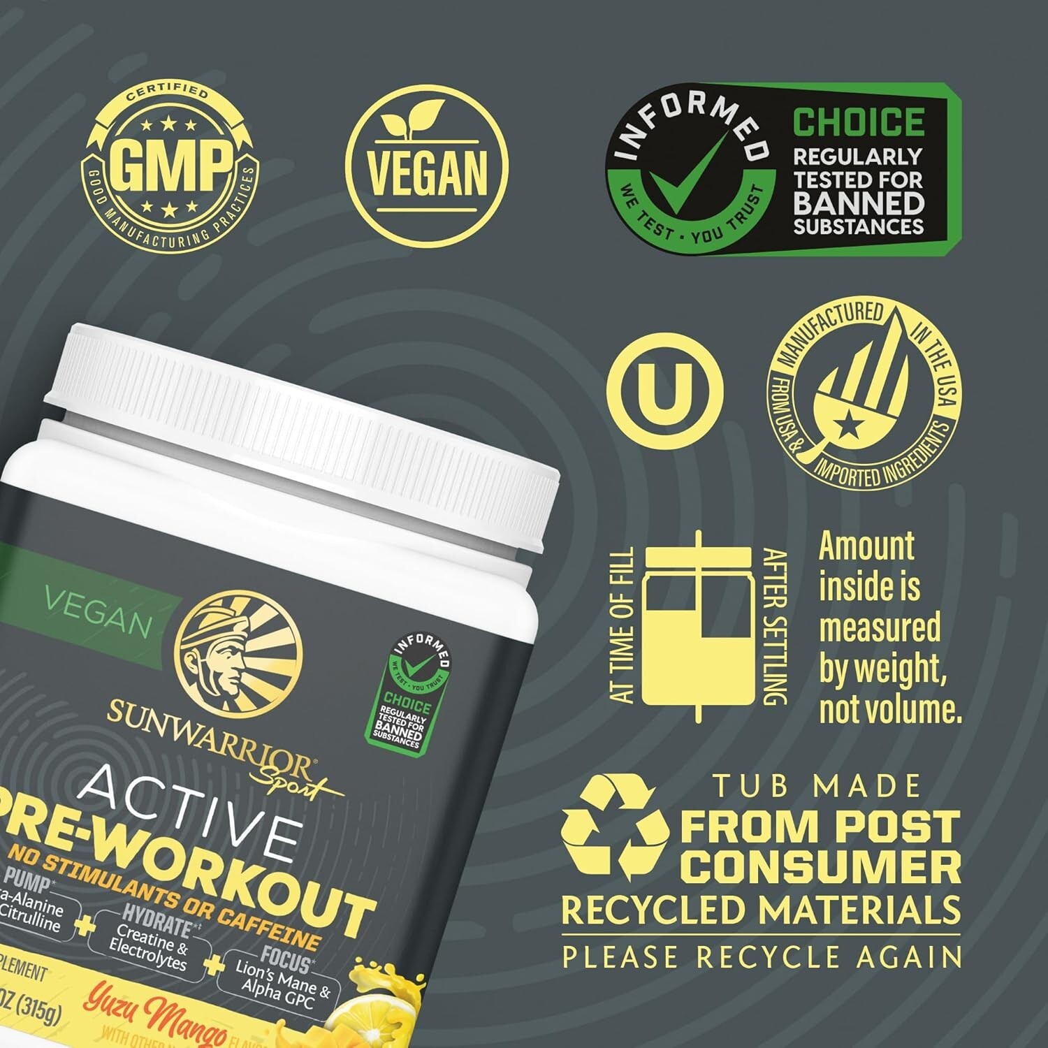 Sunwarrior Pre Workout Powder Energy Drink Non-Stim CaffeineFree Yuzu Mango 315g
