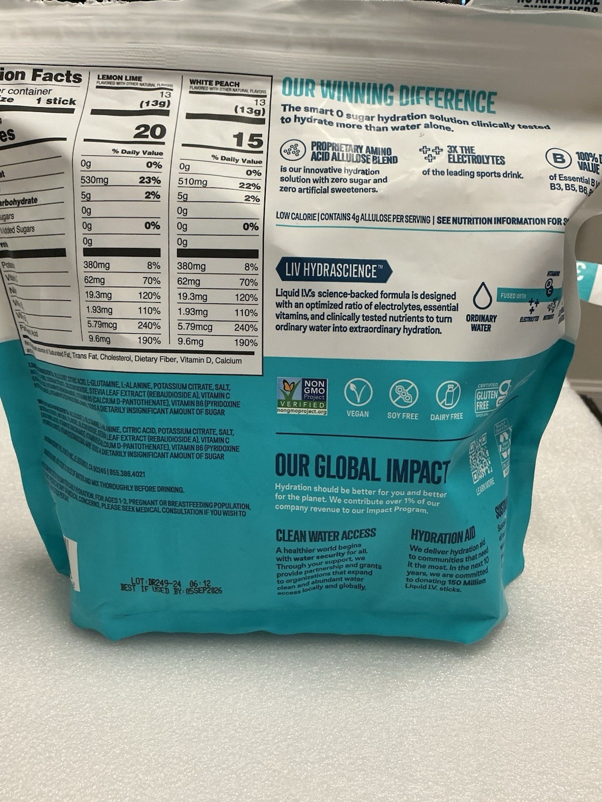 Liquid I.V Hydration Sugar-Free Lemon Lime+White Peach 25Sticks EXP 09/26