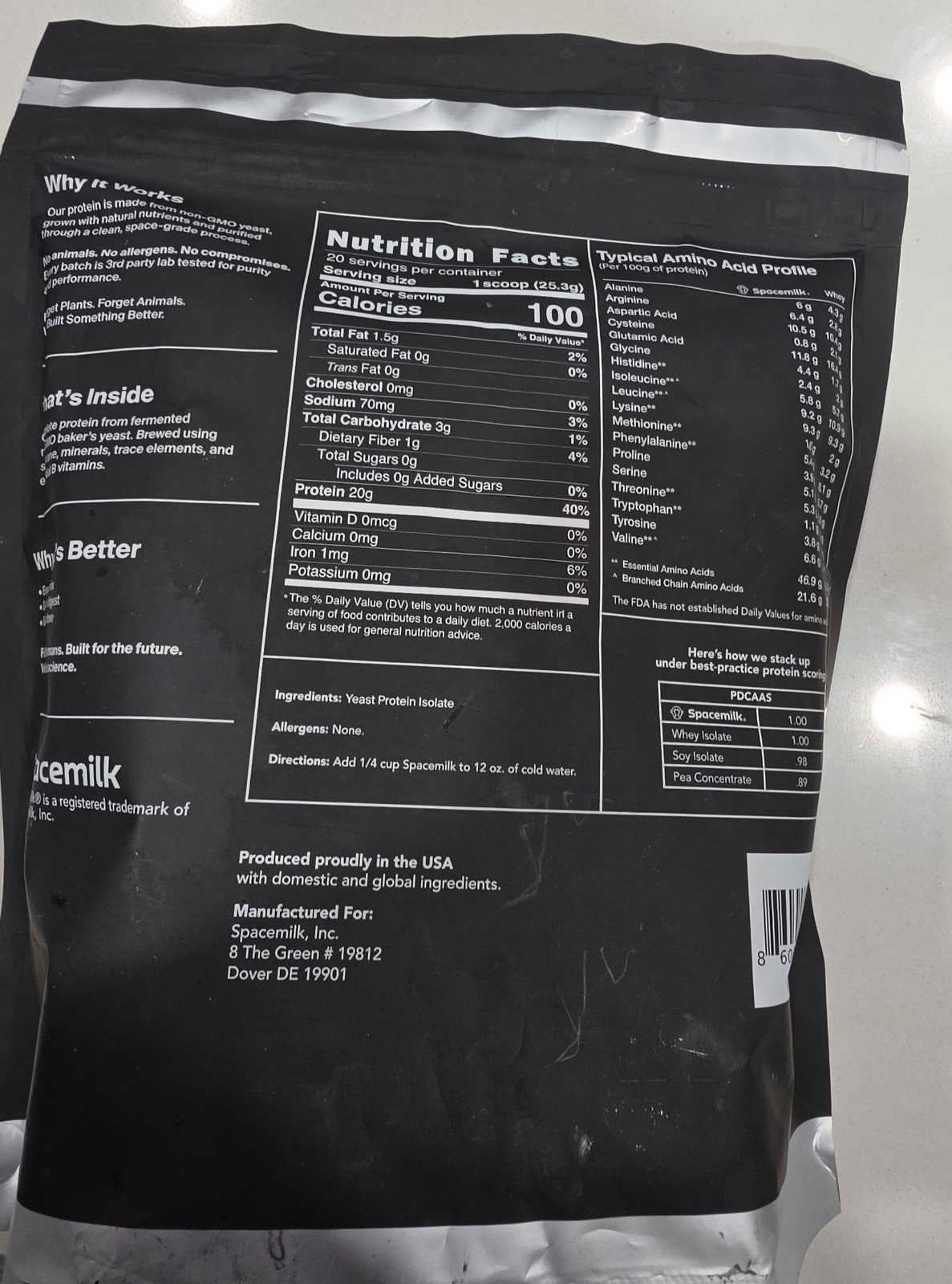 Spacemilk Complete Protein Powder Vegan Allergen-Free Non-GMO Unflavored 1.11 lb