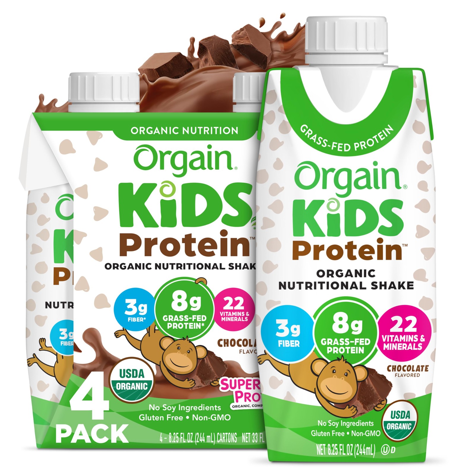 Orgain Organic Kids Protein Nutritional 8.25 Fl Oz (Pack of 4), Chocolate