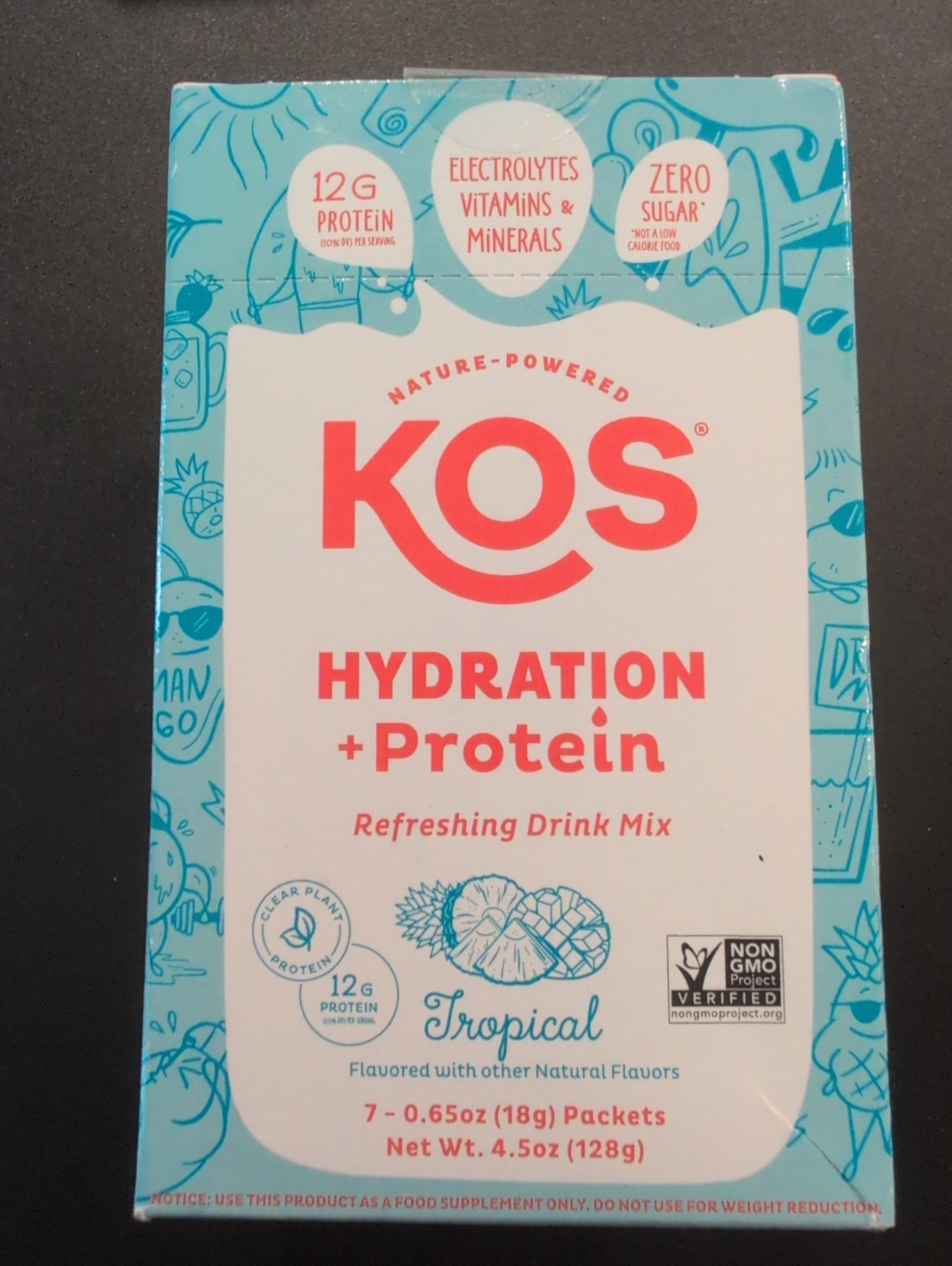 KOS Electrolyte Hydration + Protein Powder Drink Mix Tropical 7 Pack 4.5oz