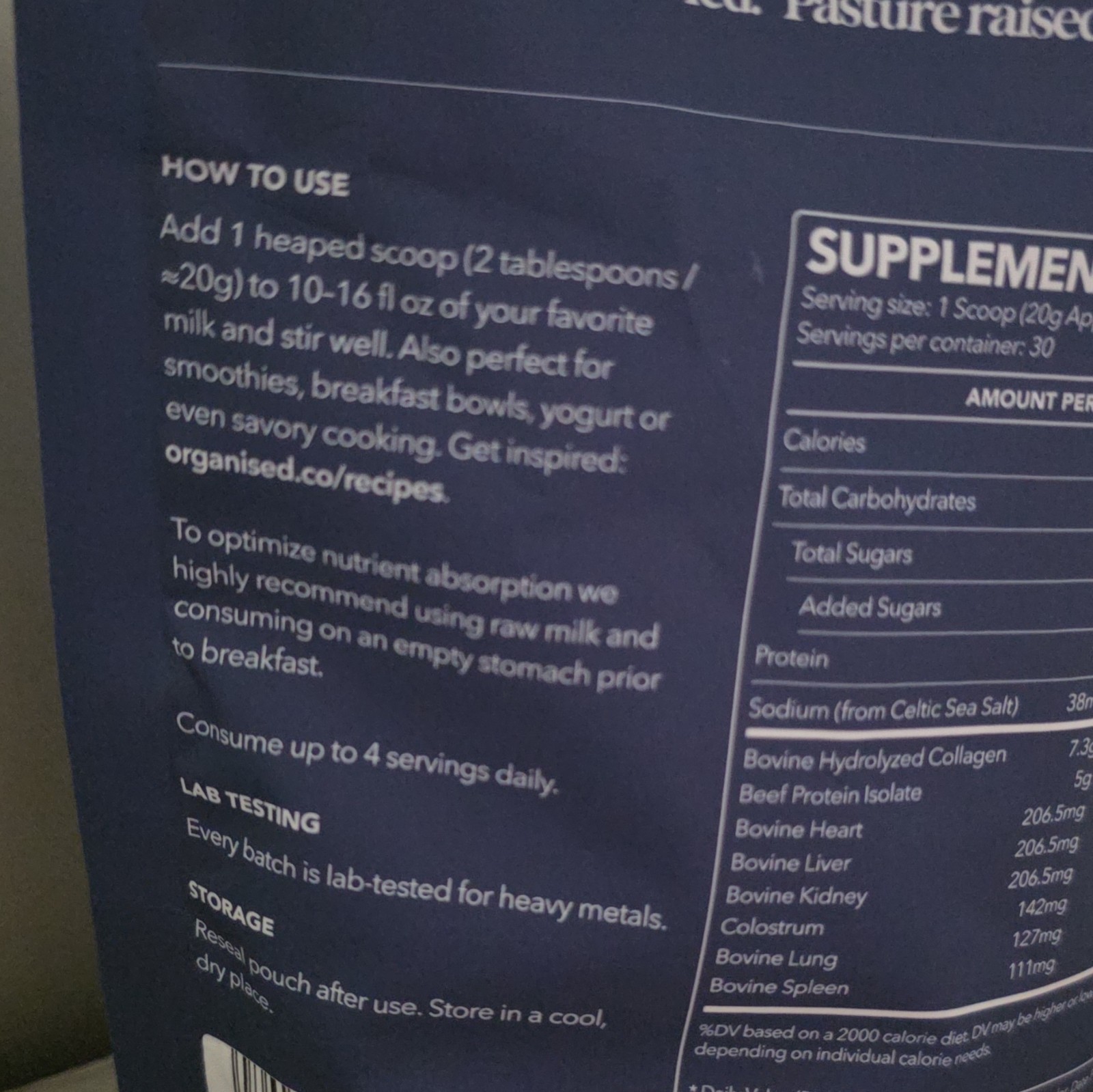 Organised Whole Food Organ Blend Powder Grass-Fed Pasture Raised 30 Servings