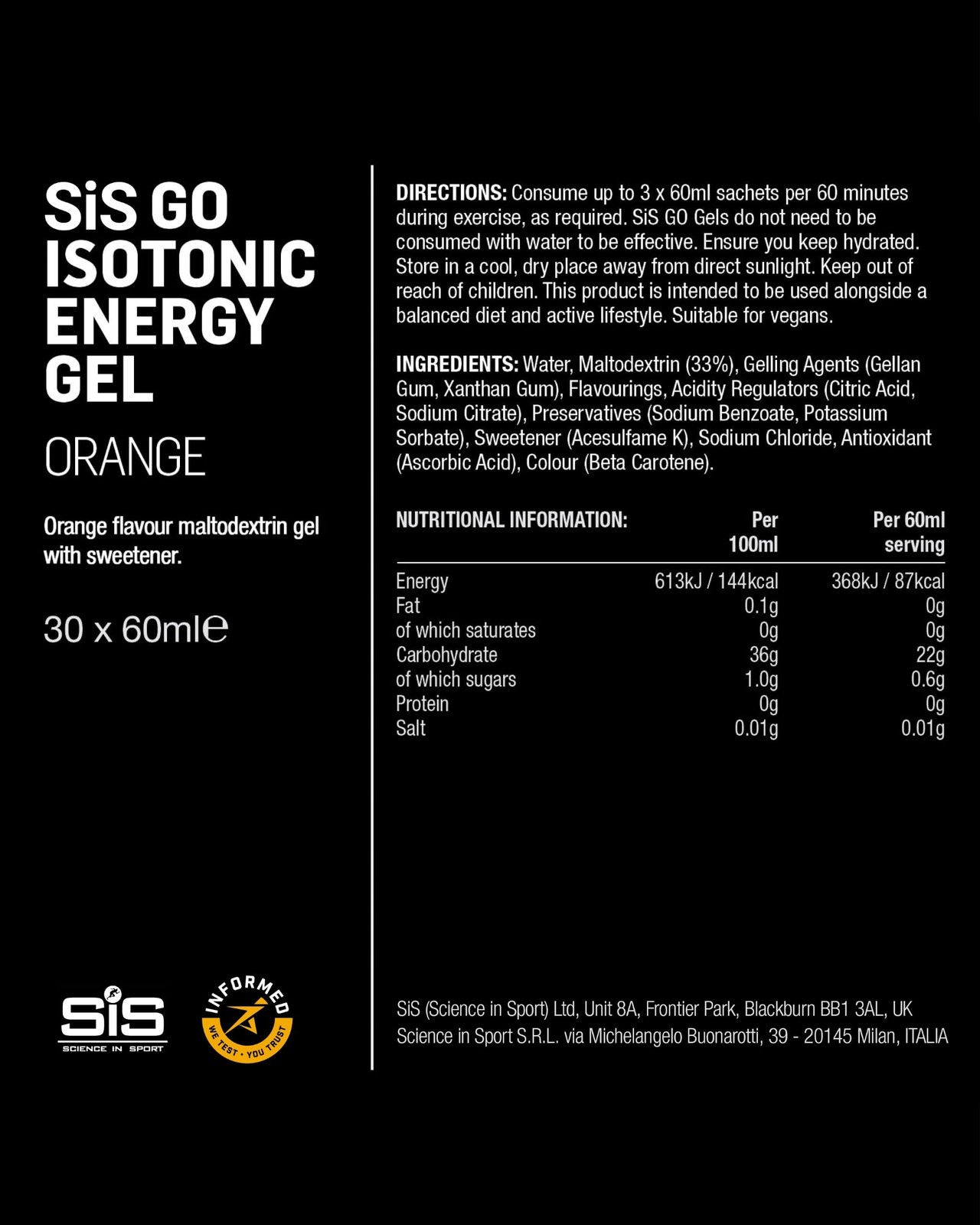 Science in Sport GO Isotonic Energy Gel – 60 Fl Oz (Pack of 1), Orange