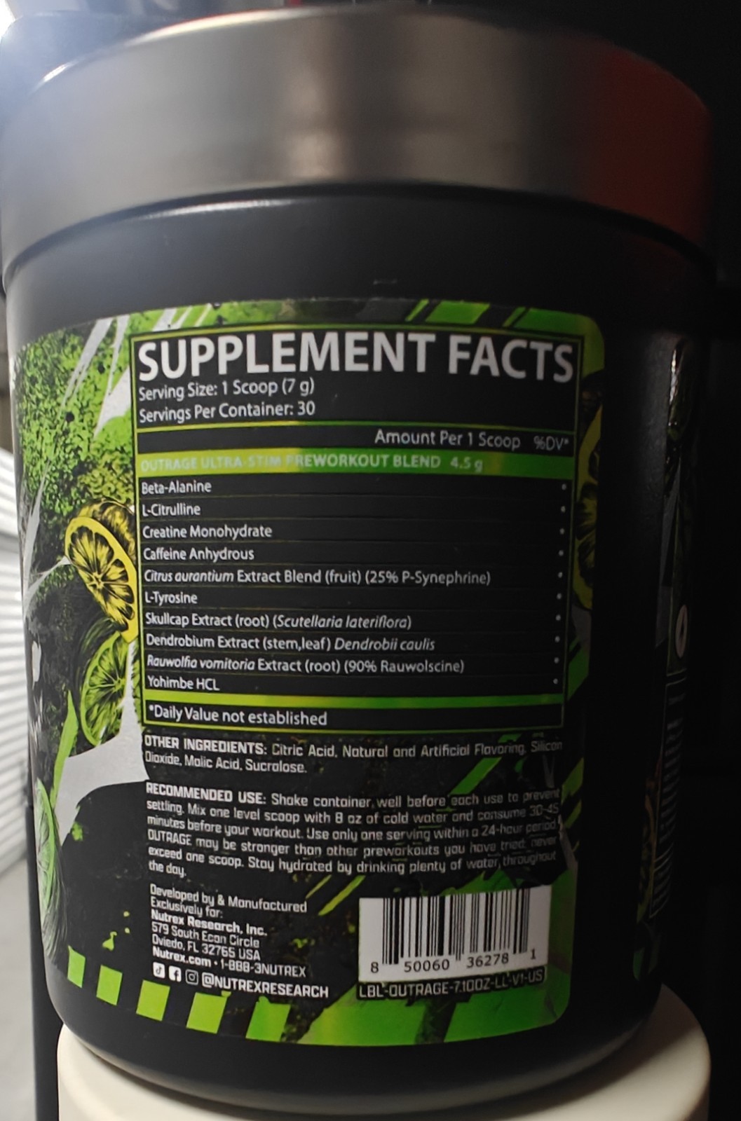 Nutrex Research Outrage Ultra Strim Pre Workout Lemon Lime 7.10 Oz