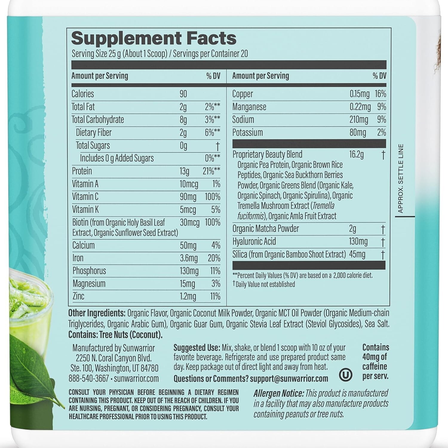 Sunwarrior Vegan Matcha Collagen Building Powder Peptide Protein Biotin, 1.1 lb