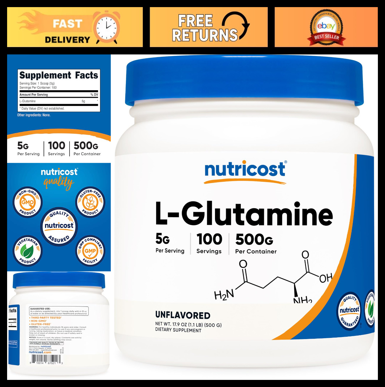 L-Glutamine Powder 500g – Unflavored, Gluten-Free, Non-GMO, 100 Servings, Muscle