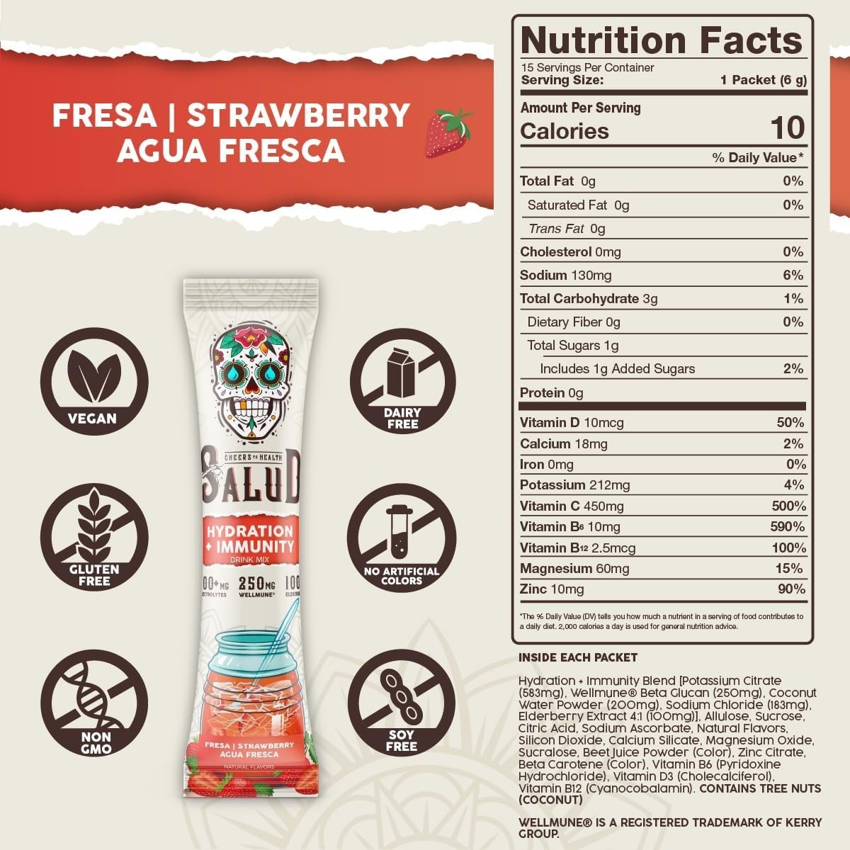 Salud Hydration + Immunity Strawberry Agua Fresca 15 on the go Stick Packs