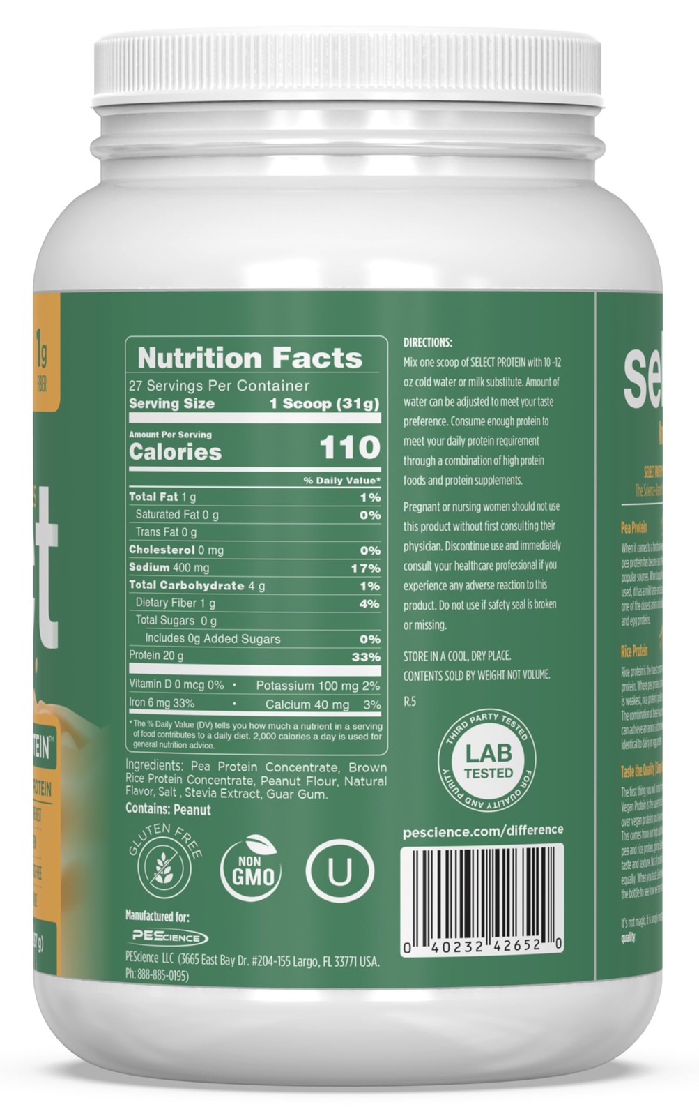 PEScience Select Vegan Protein Powder Plant Based 27 Servings Delicious Taste