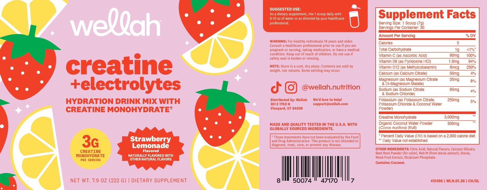 Creatine + Electrolytes Powder (Strawberry Lemonade) 30 Servings – Hydration …