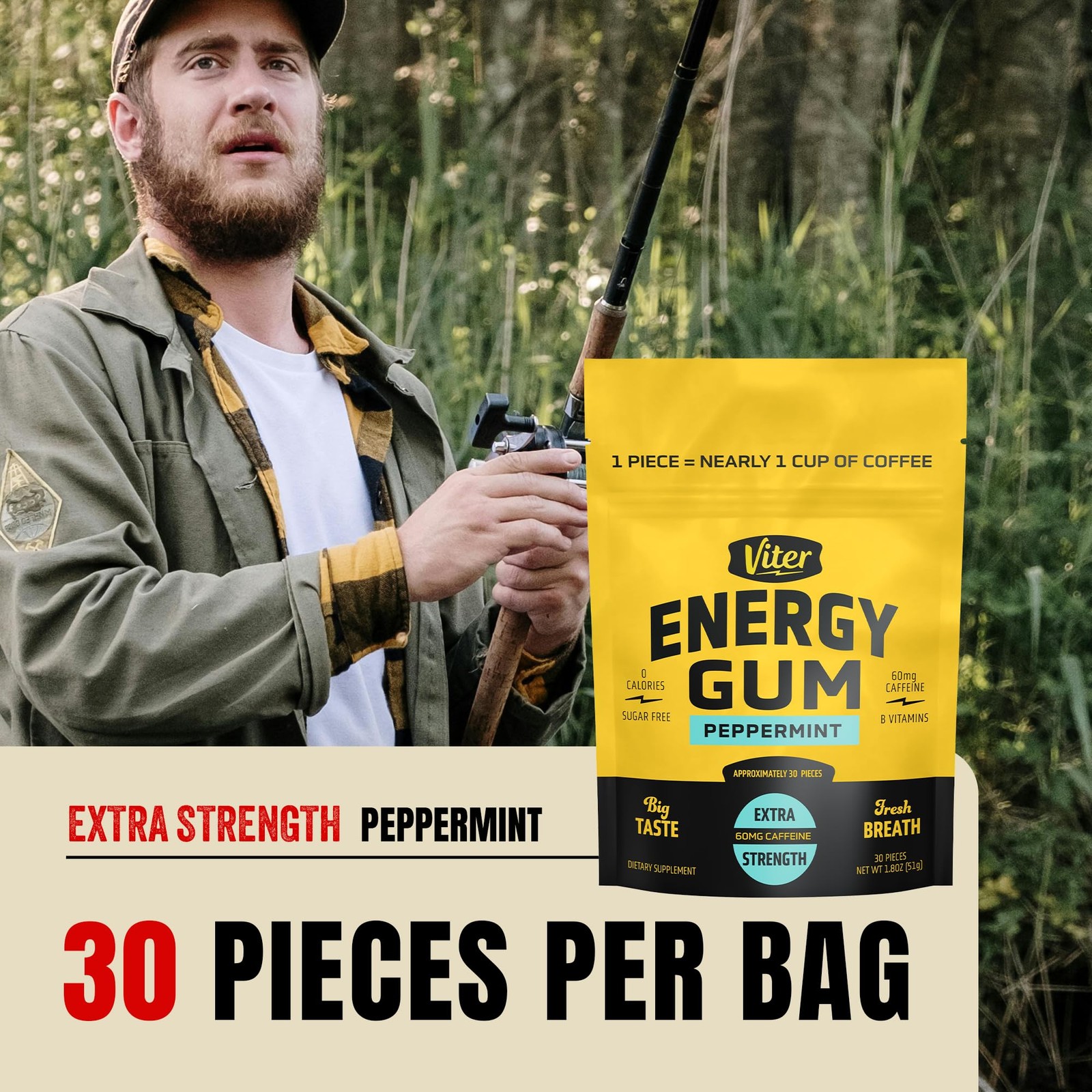 Viter Energy 60mg Caffeine Gum (Peppermint Flavor, 30 30 Count (Pack of 1)