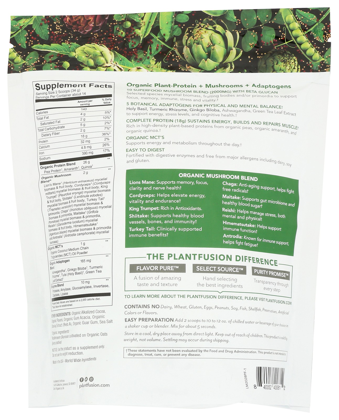 Organic Mushrooms Protein Powder Plantfusion Dietary Supplement Tea 18G 1 Pack