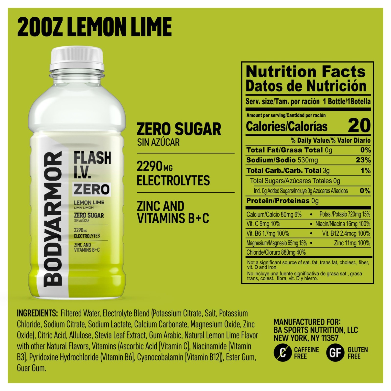 Zero Sugar Electrolyte Drink, Lemon Lime Hydration Beverage, 20 Fl Oz, Pack of 1