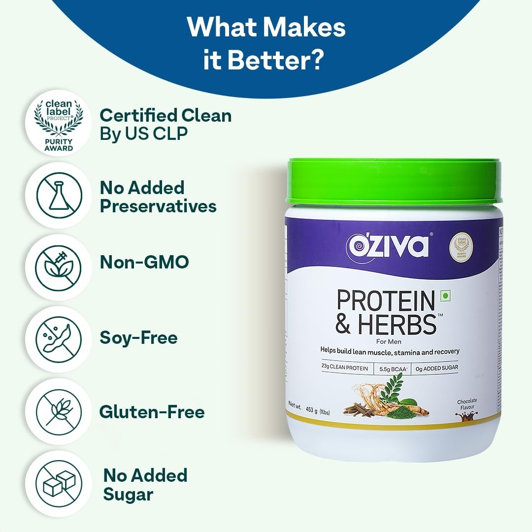 OZiva Protein & Herbs for Men (Banana Caramel) I Muscle Building 1lbs (453gm)