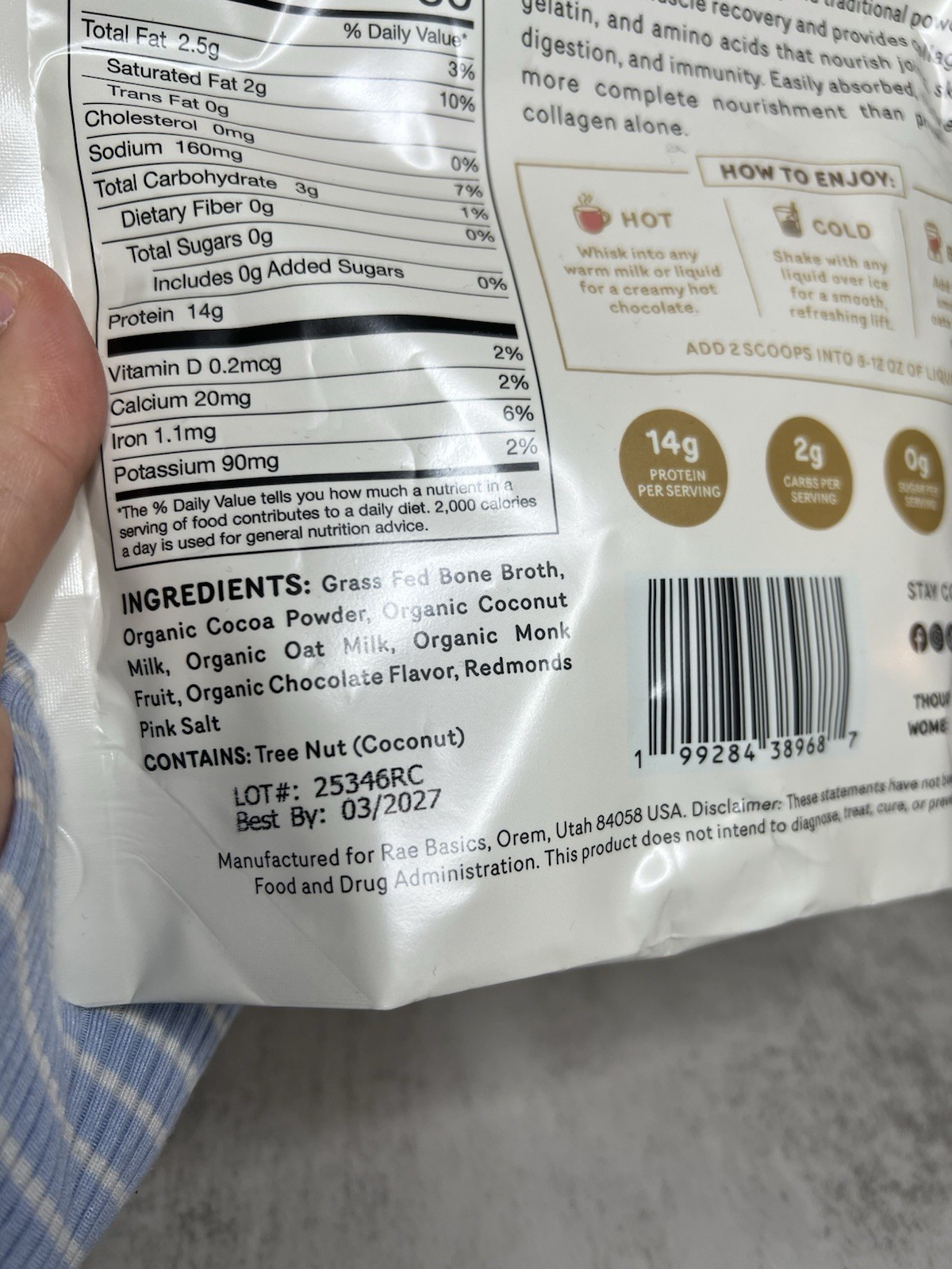 Rae Basics Bone Broth Protein Powder Chocolate 8.8oz 12 Serv Exp 03/27
