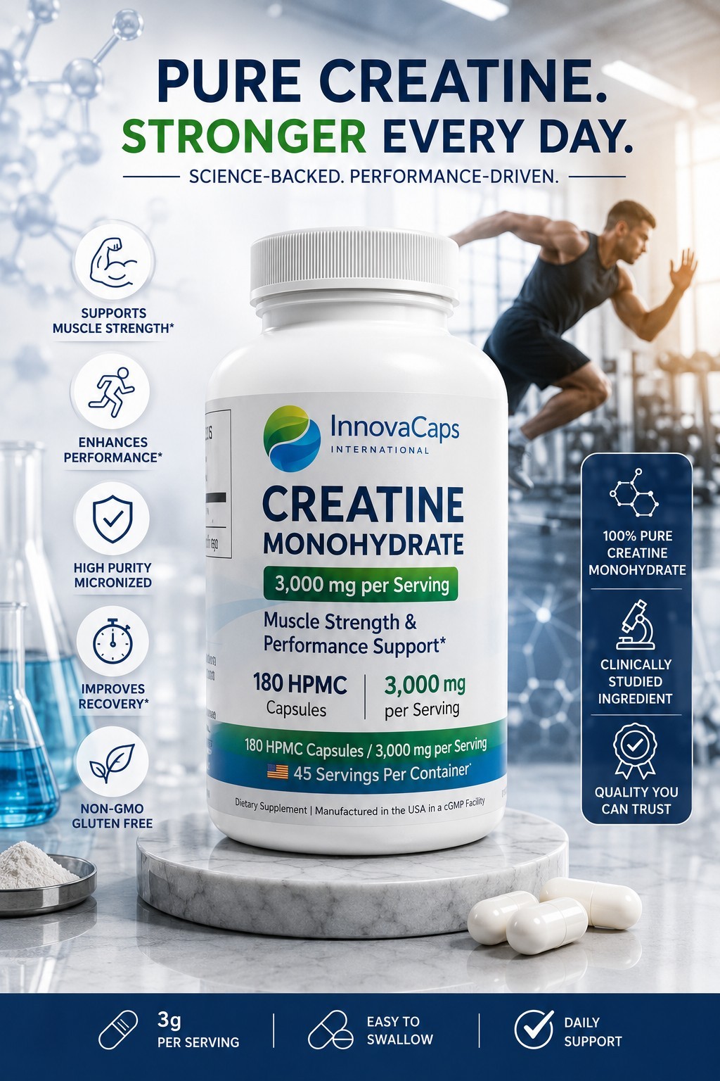 InnovaCaps International Creatine Monohydrate Capsules 3000mg 180 Non-GMO