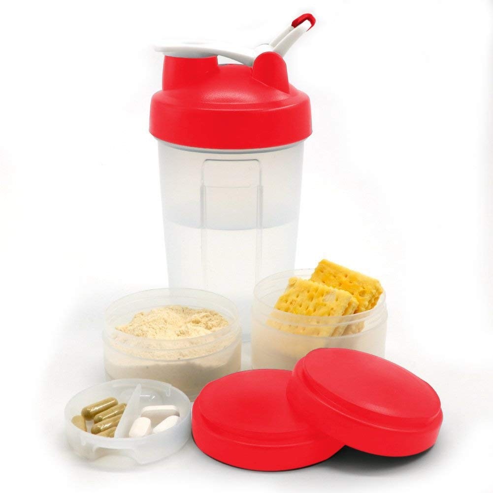FASHNEX Protein Shaker Cup with Twist N’ Lock Storage Containers, 500ml (White)